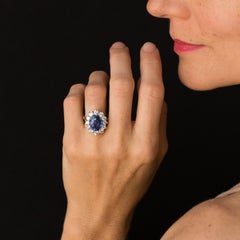 French 1960s No Heat 7.42 Carat Ceylon Sapphire Diamond White Gold Cluster Ring