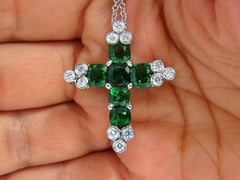 7.42 Carat Natural Vivid Green Tsavorite Diamonds Cross Pendant 14 Karat