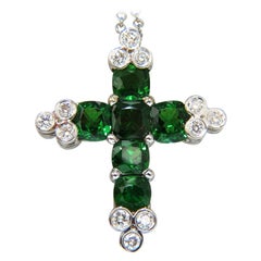 7.42 Carat Natural Vivid Green Tsavorite Diamonds Cross Pendant 14 Karat*