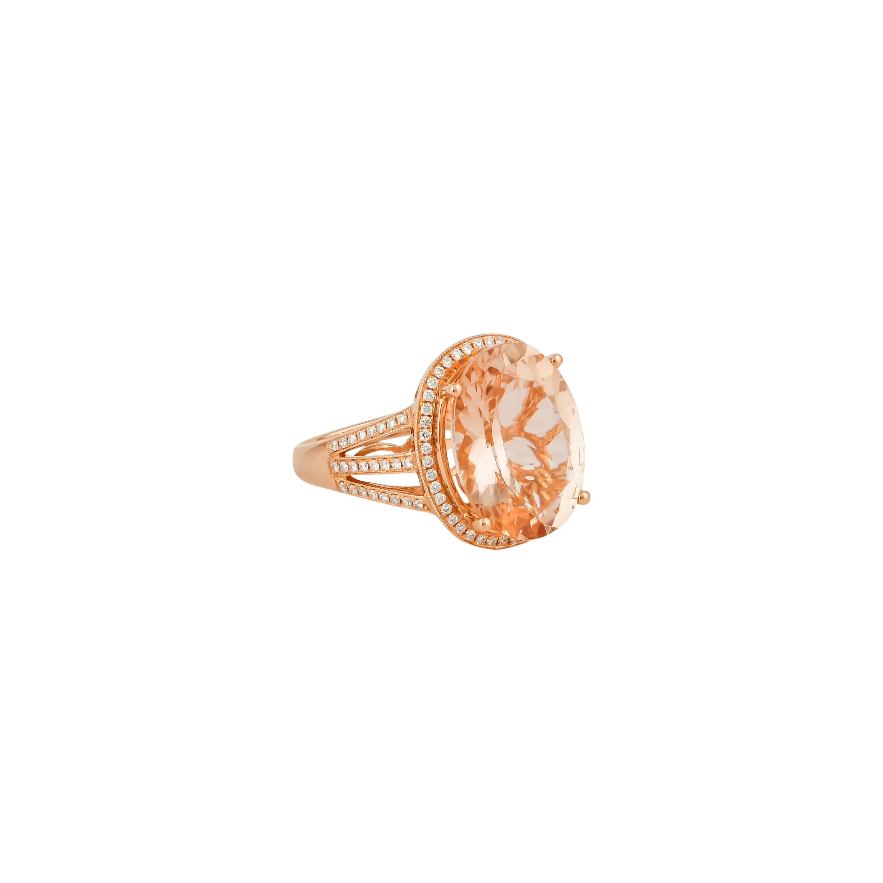 This collection features an array of magnificent morganites! Accented with diamonds these rings are made in rose gold and present a classic yet elegant look. 

Classic morganite ring in 18K rose gold with diamonds. 

Morganite: 7.42 carat oval
