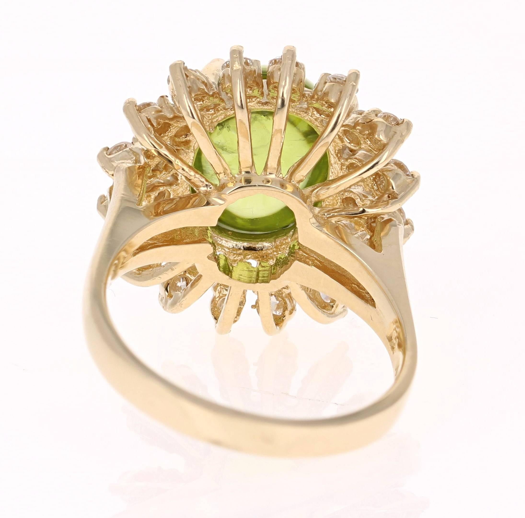 Oval Cut 7.42 Carat Peridot Diamond Ring 14 Karat Yellow Gold