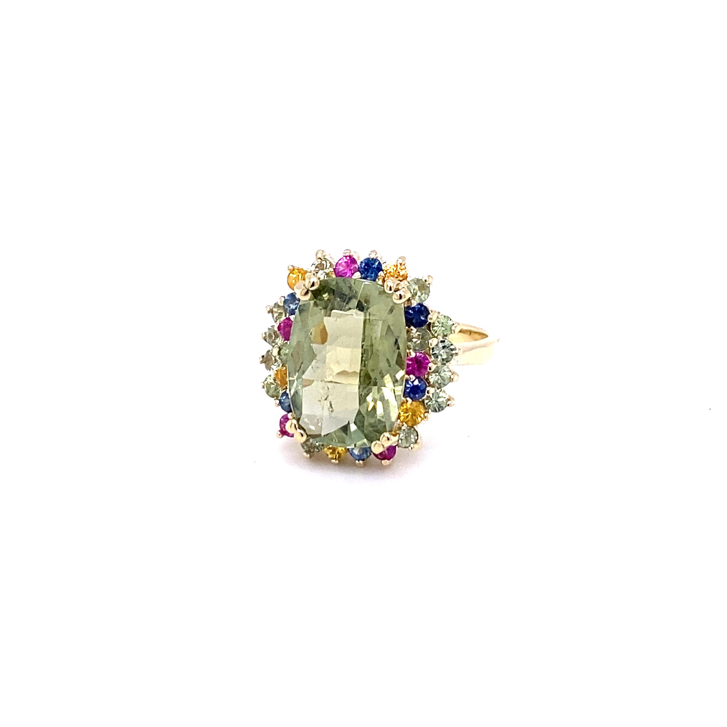 Contemporary 7.42 Carat Tourmaline Multi-Sapphire Yellow Gold Cocktail Ring For Sale