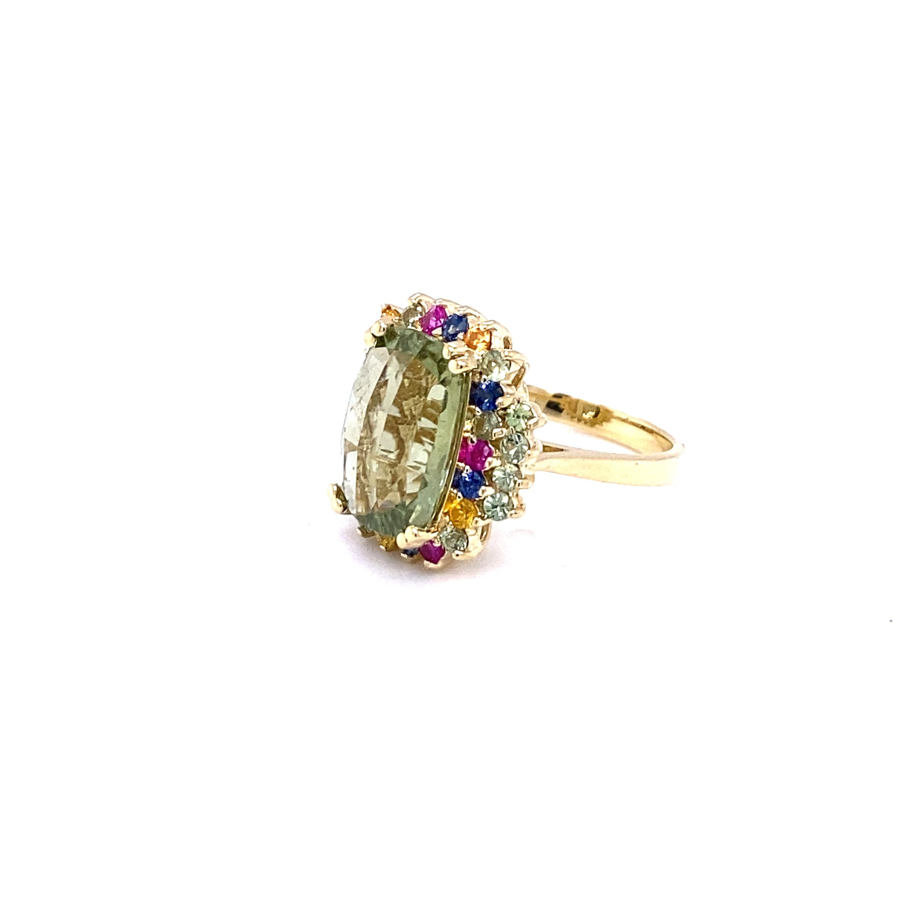 Cushion Cut 7.42 Carat Tourmaline Multi-Sapphire Yellow Gold Cocktail Ring For Sale