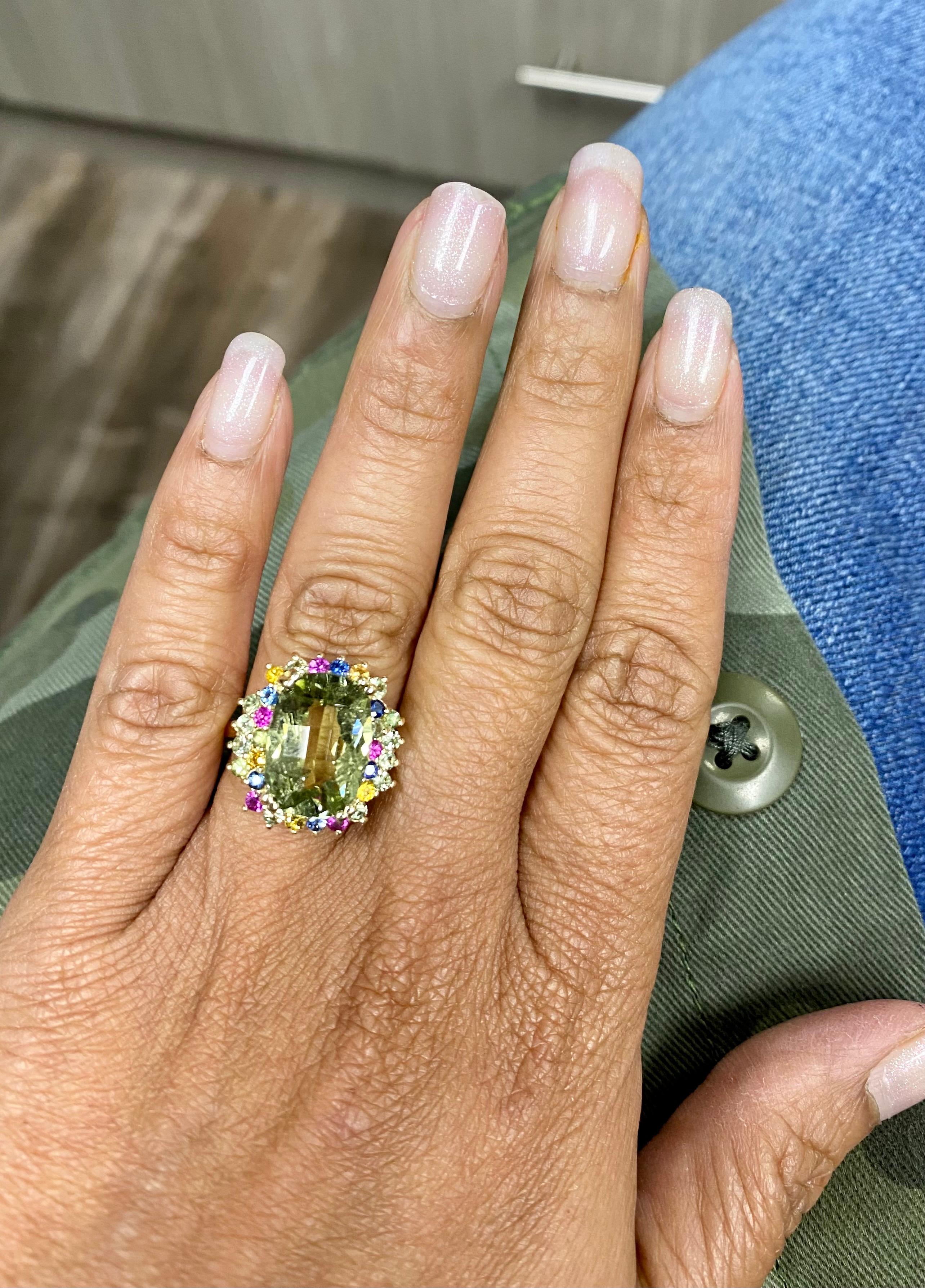 7.42 Carat Tourmaline Multi-Sapphire Yellow Gold Cocktail Ring In New Condition For Sale In Los Angeles, CA