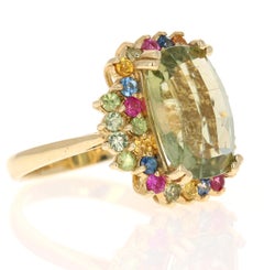 7.42 Carat Tourmaline Multicolor Sapphire Yellow Gold Cocktail Ring