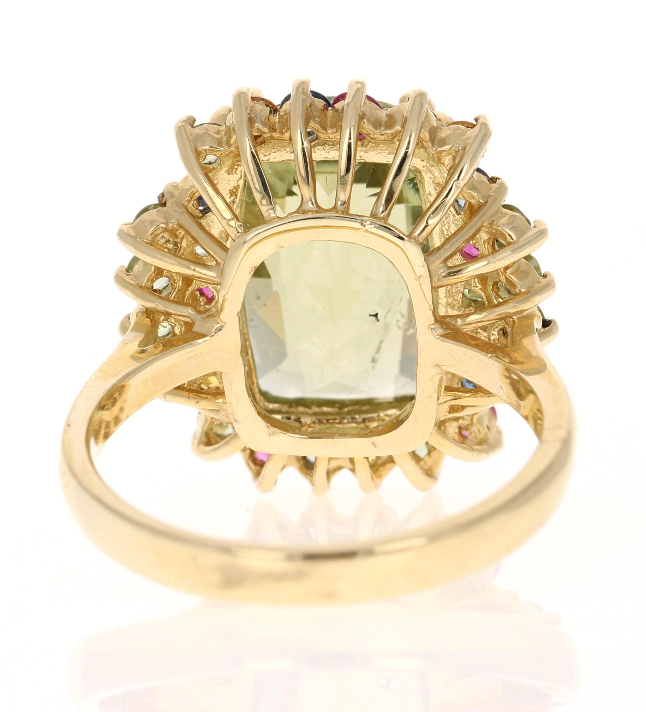 Contemporary 7.42 Carat Tourmaline Multicolor Sapphire Yellow Gold Cocktail Ring For Sale