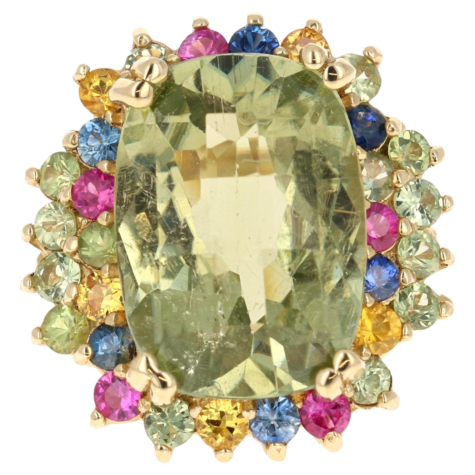 Anillo de cóctel de oro amarillo con turmalina y zafiro multicolor de 7,42 quilates
