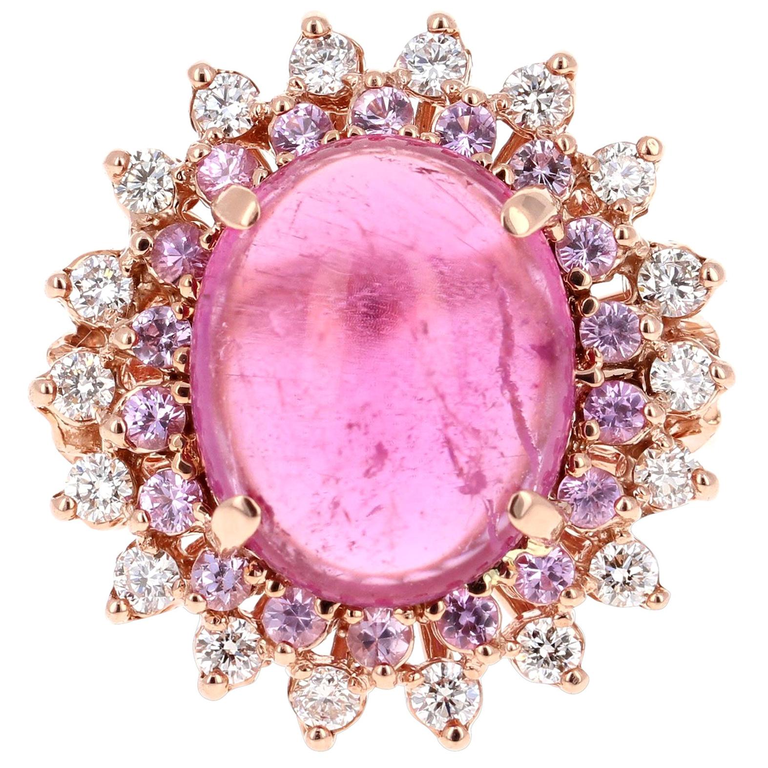 7.42 Carat Tourmaline Pink Sapphire Diamond 14 Karat Rose Gold Ring