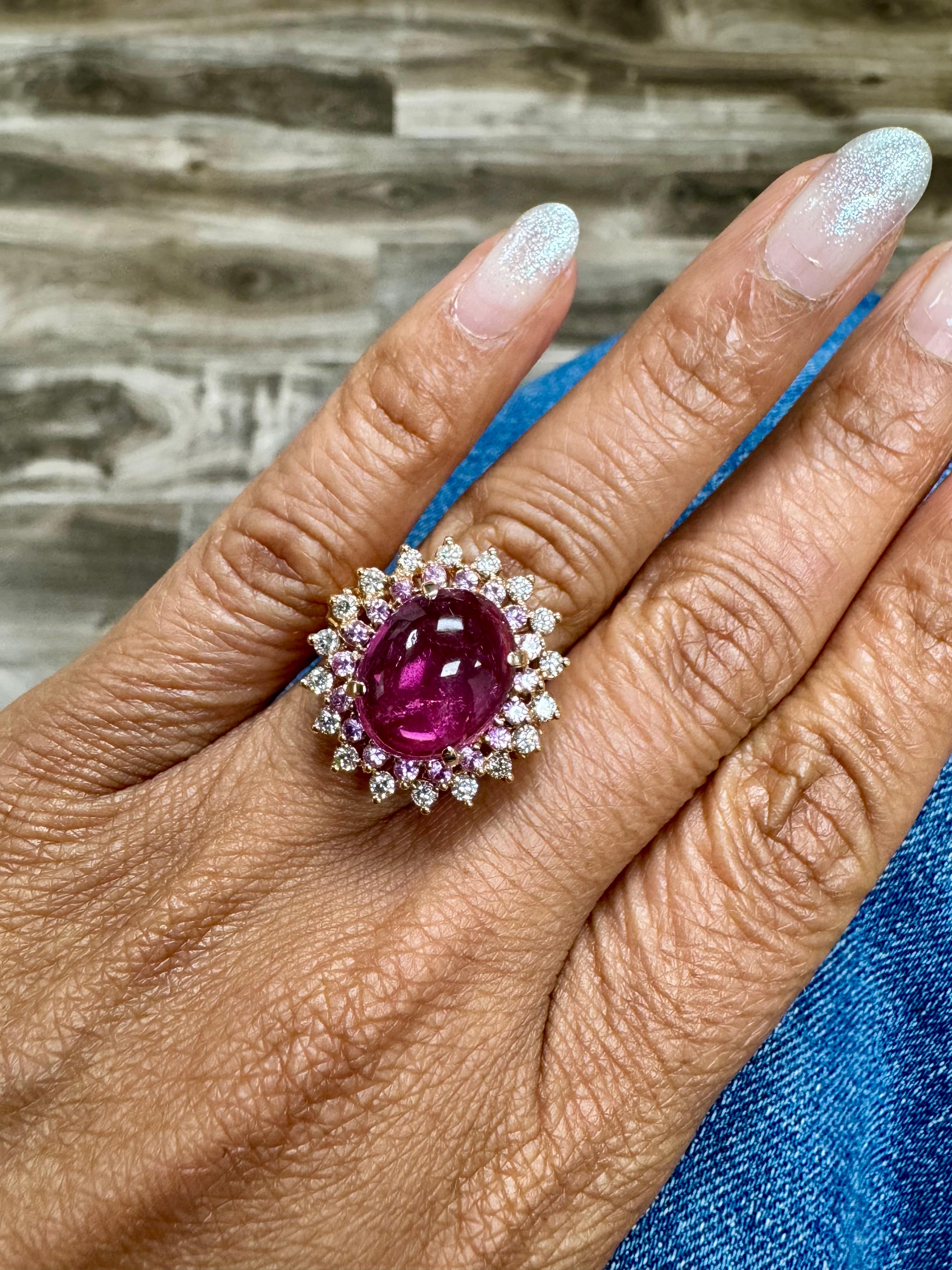 Bague cocktail en or rose, saphir rose et diamants avec tourmaline de 7,42 carats en vente 4