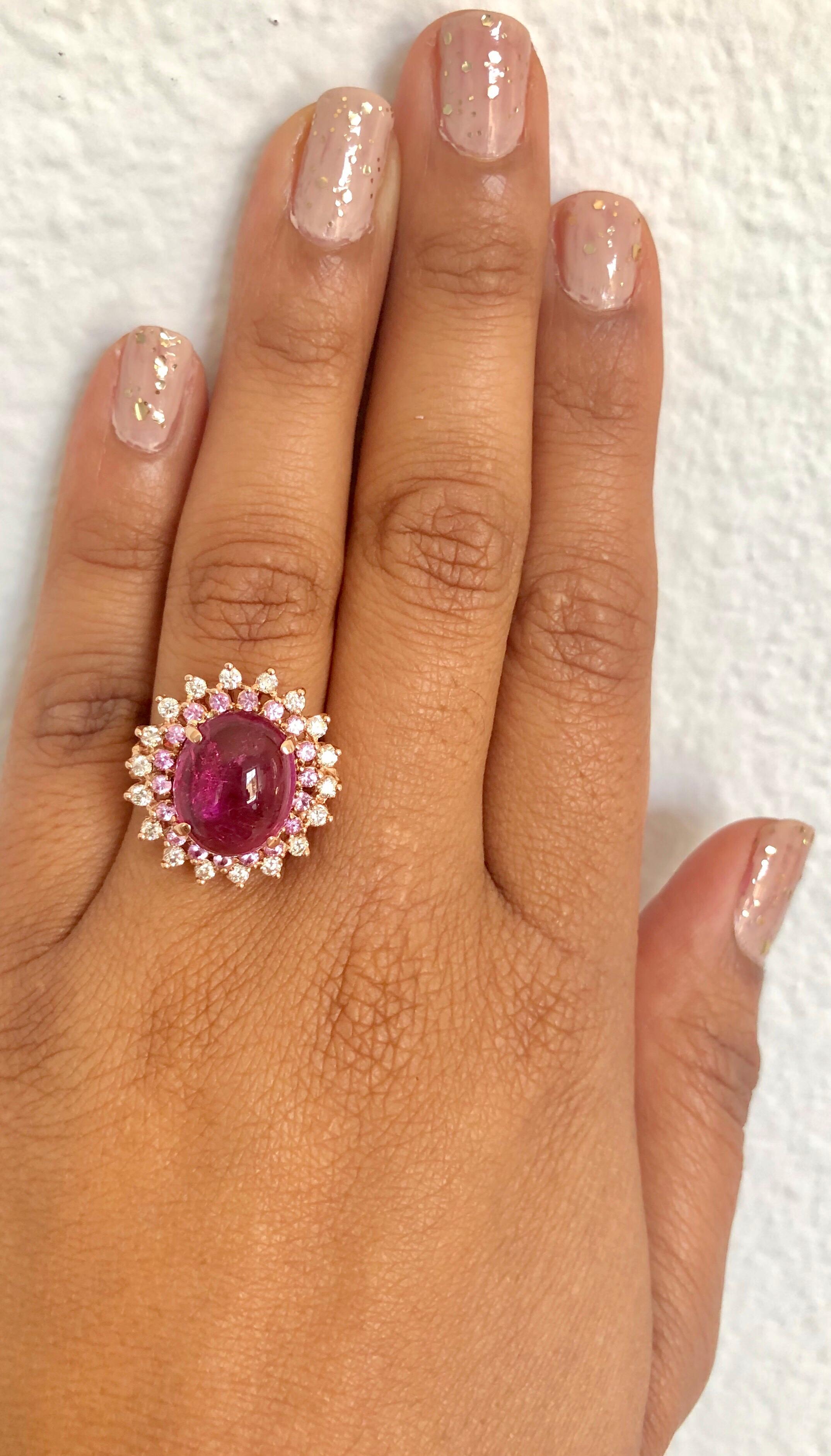 Anillo de cóctel de oro rosa con zafiro rosa y diamante turmalina de 7,42 quilates en Nuevo estado para la venta en Los Angeles, CA