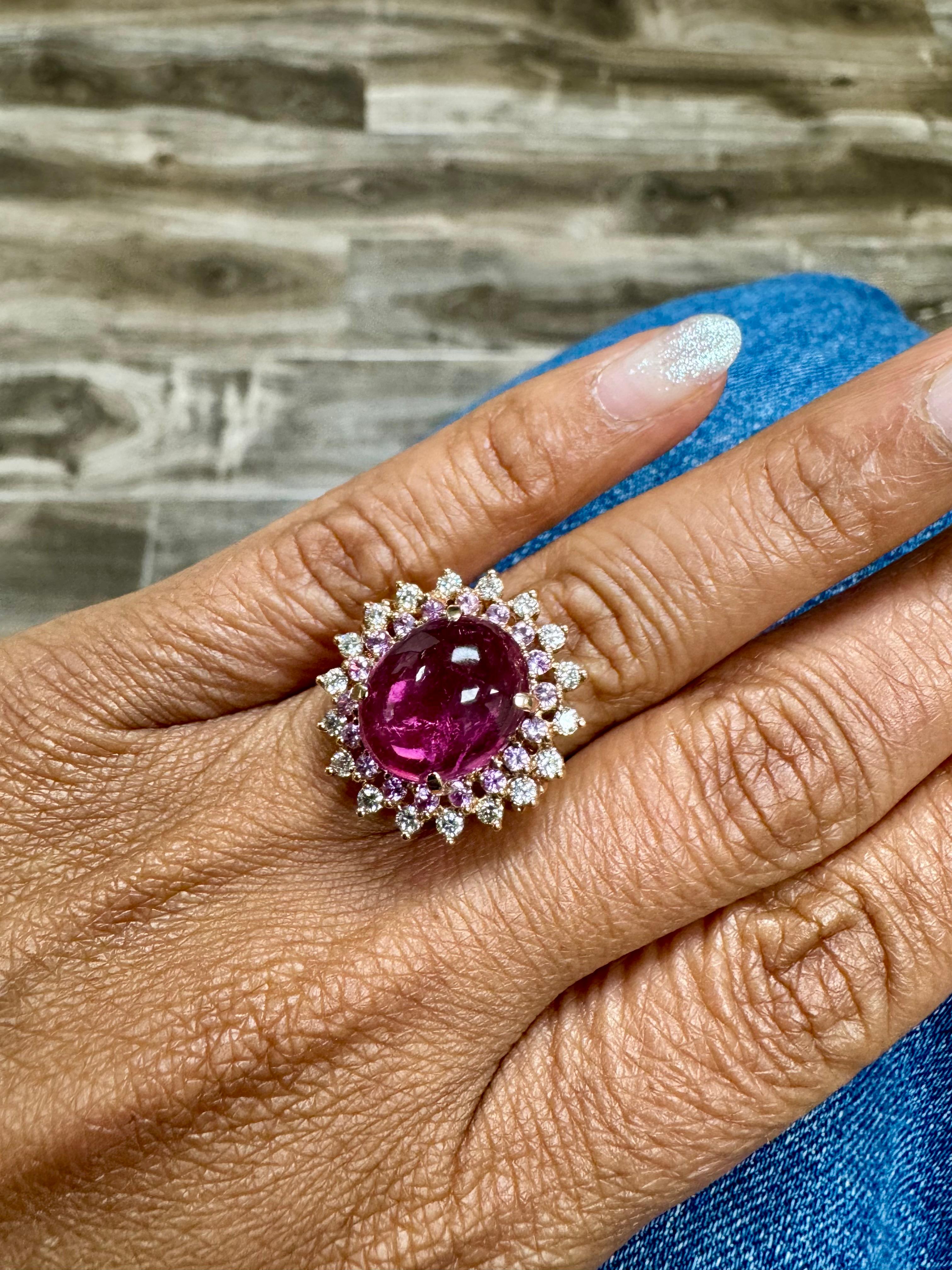 Bague cocktail en or rose, saphir rose et diamants avec tourmaline de 7,42 carats en vente 1