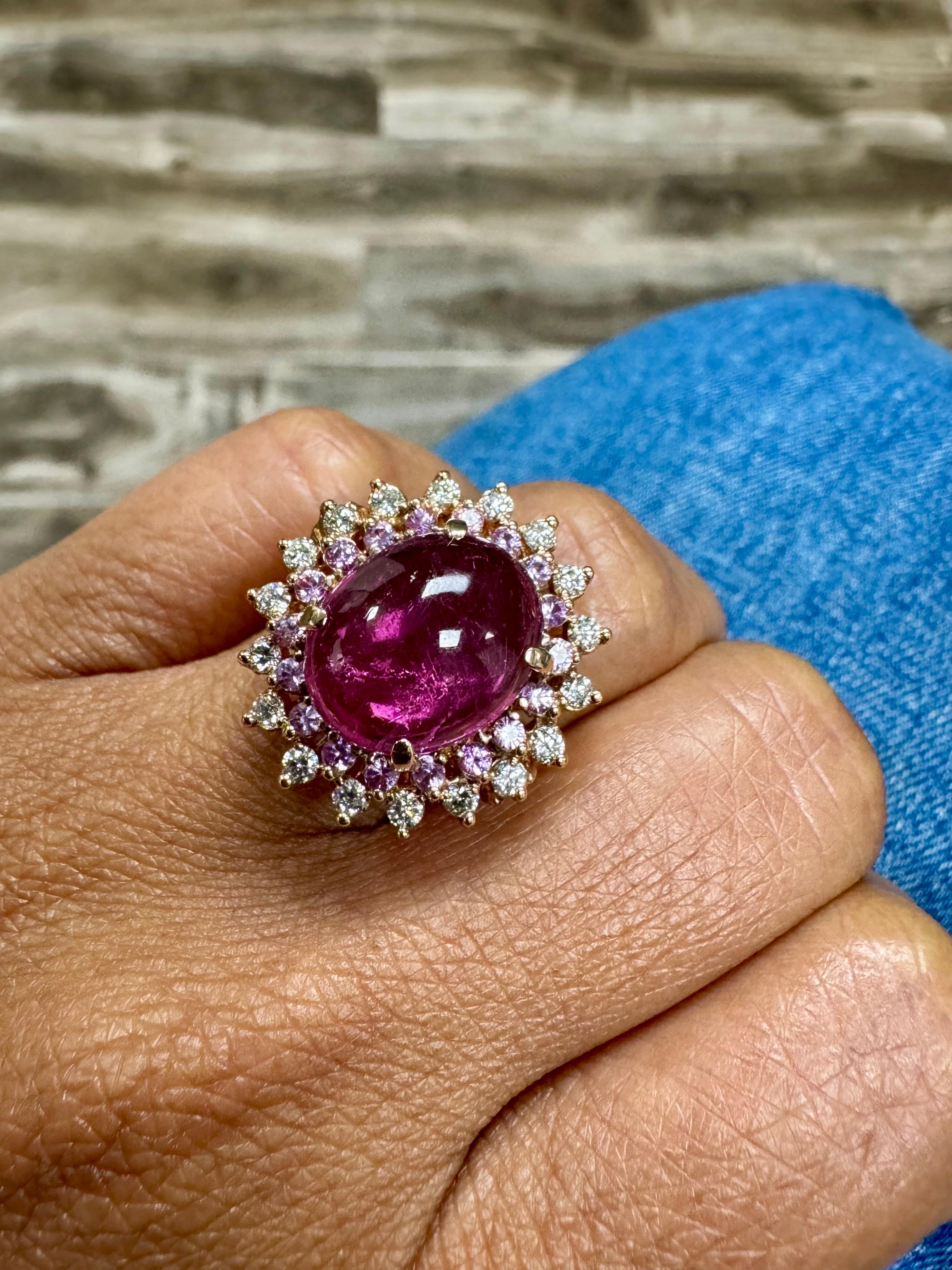 Bague cocktail en or rose, saphir rose et diamants avec tourmaline de 7,42 carats en vente 2
