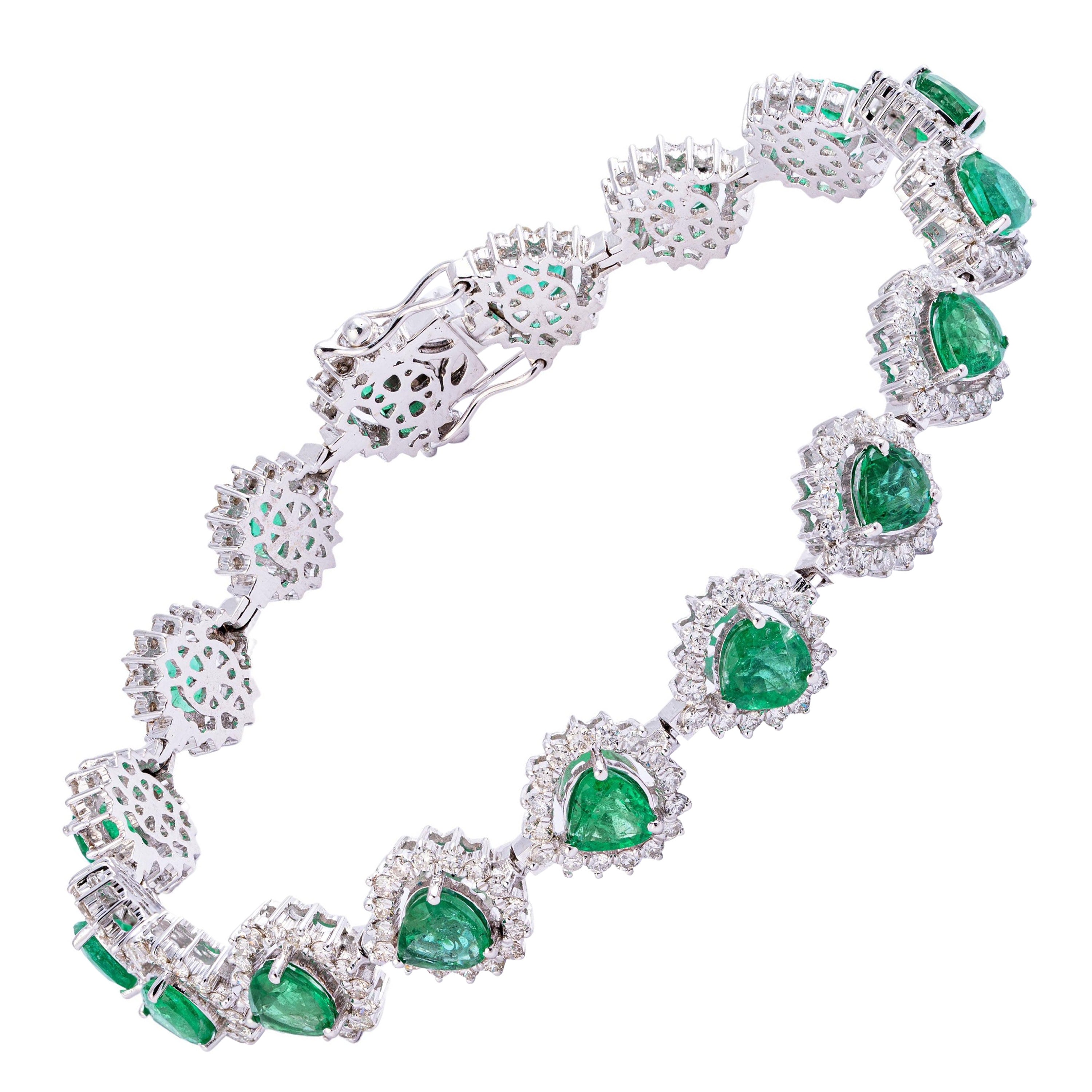 7,42 Karat sambisches Smaragd-Tennisarmband in Herzform mit Diamanten 14k Gold
