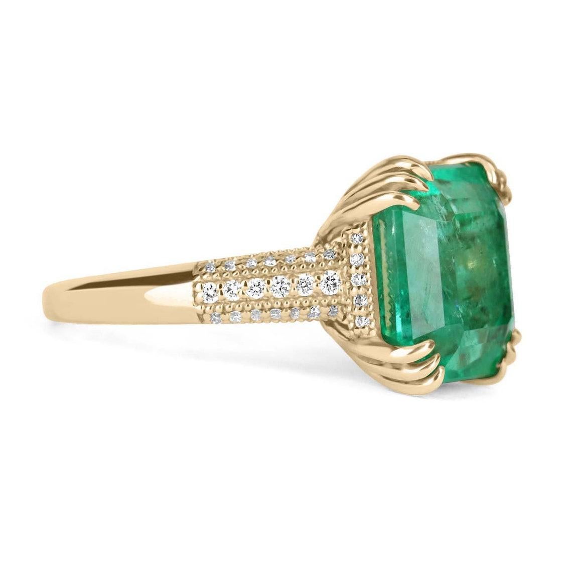 An exceptional Colombian emerald & diamond engagement/anniversary ring. This ring is captivating from every angle. Incredible diamonds highlight the side of the emerald and the shank. The emerald has vivid, vivacious green color and very good