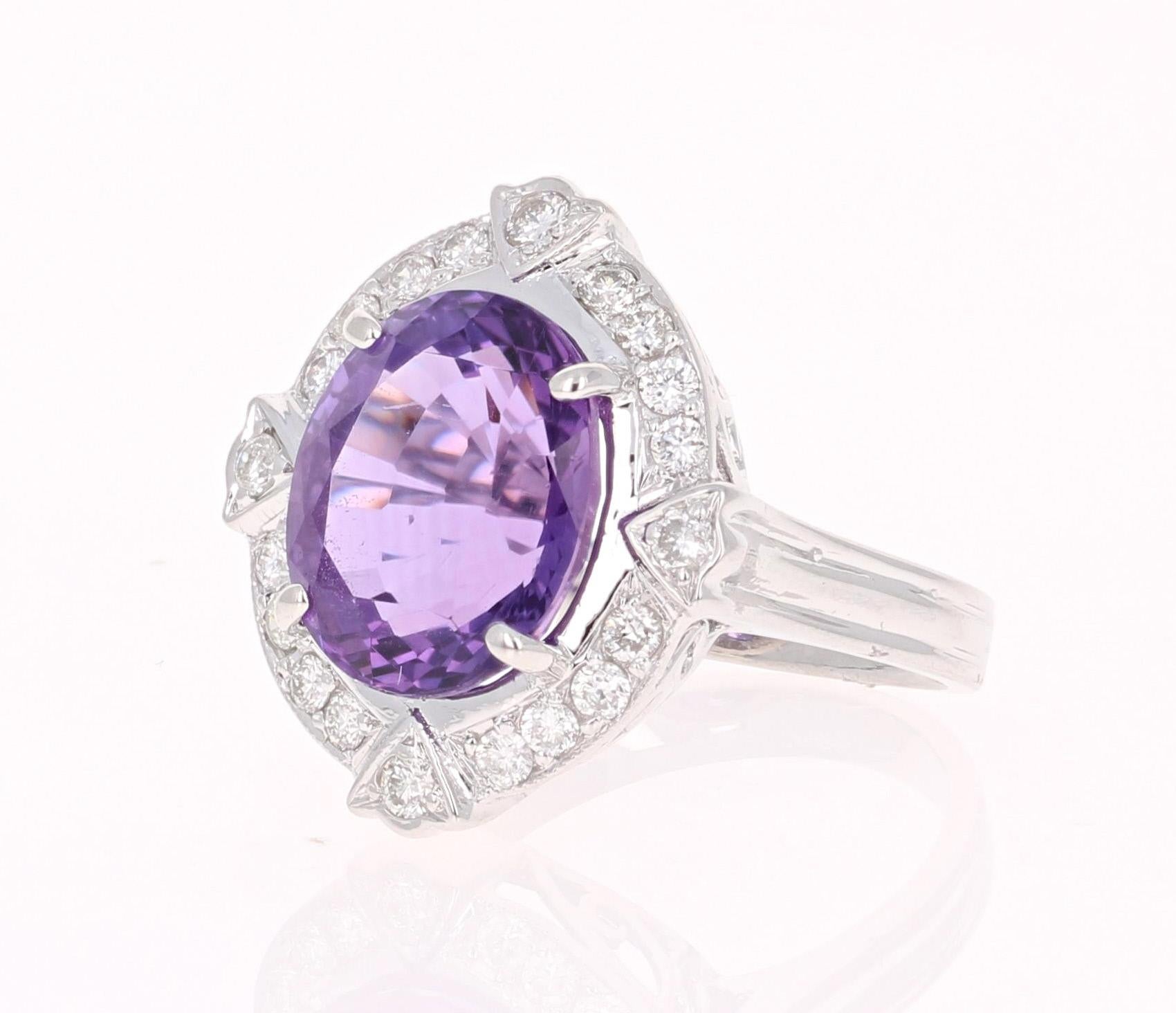 Oval Cut 7.43 Carat Amethyst Diamond White Gold Art Deco Ring