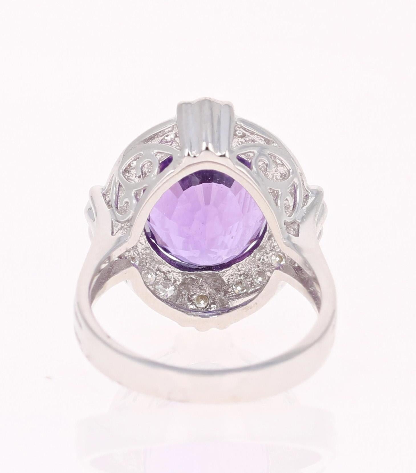 Oval Cut 7.43 Carat Amethyst Diamond White Gold Art Deco Ring For Sale