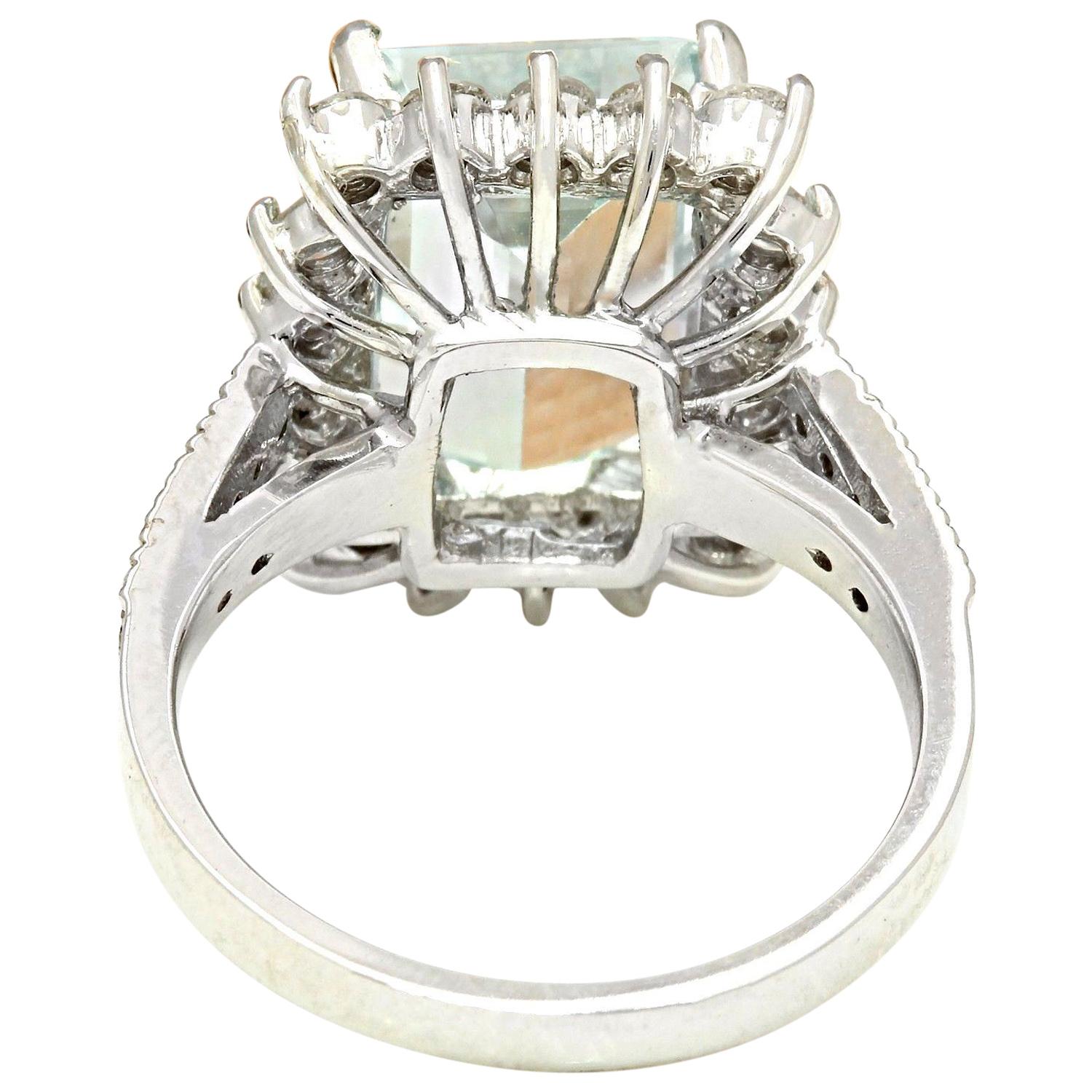 Emerald Cut Natural Aquamarine Diamond Ring In 14 Karat Solid White Gold  For Sale