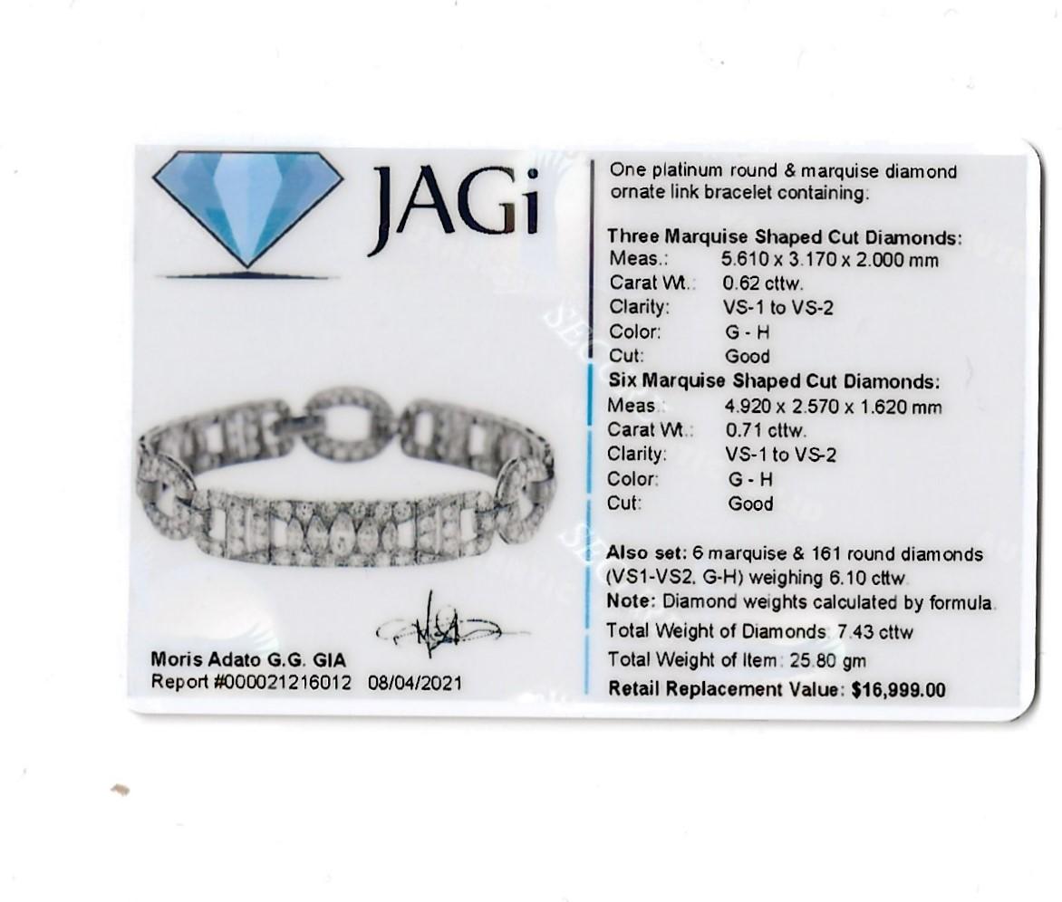 7.43 Carat Round and Marquis Natural Diamond Ornate Link Bracelet in Platinum For Sale 10