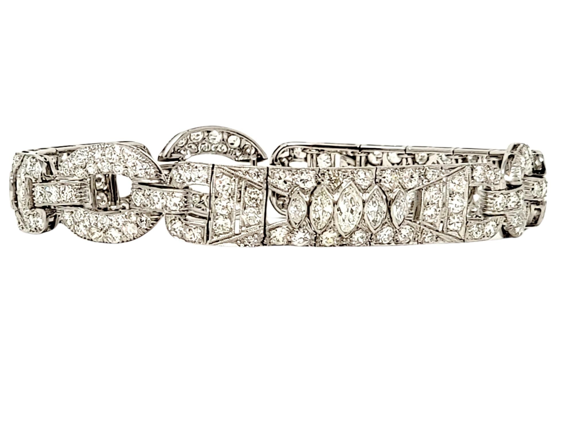 Art Deco 7.43 Carat Round and Marquis Natural Diamond Ornate Link Bracelet in Platinum For Sale