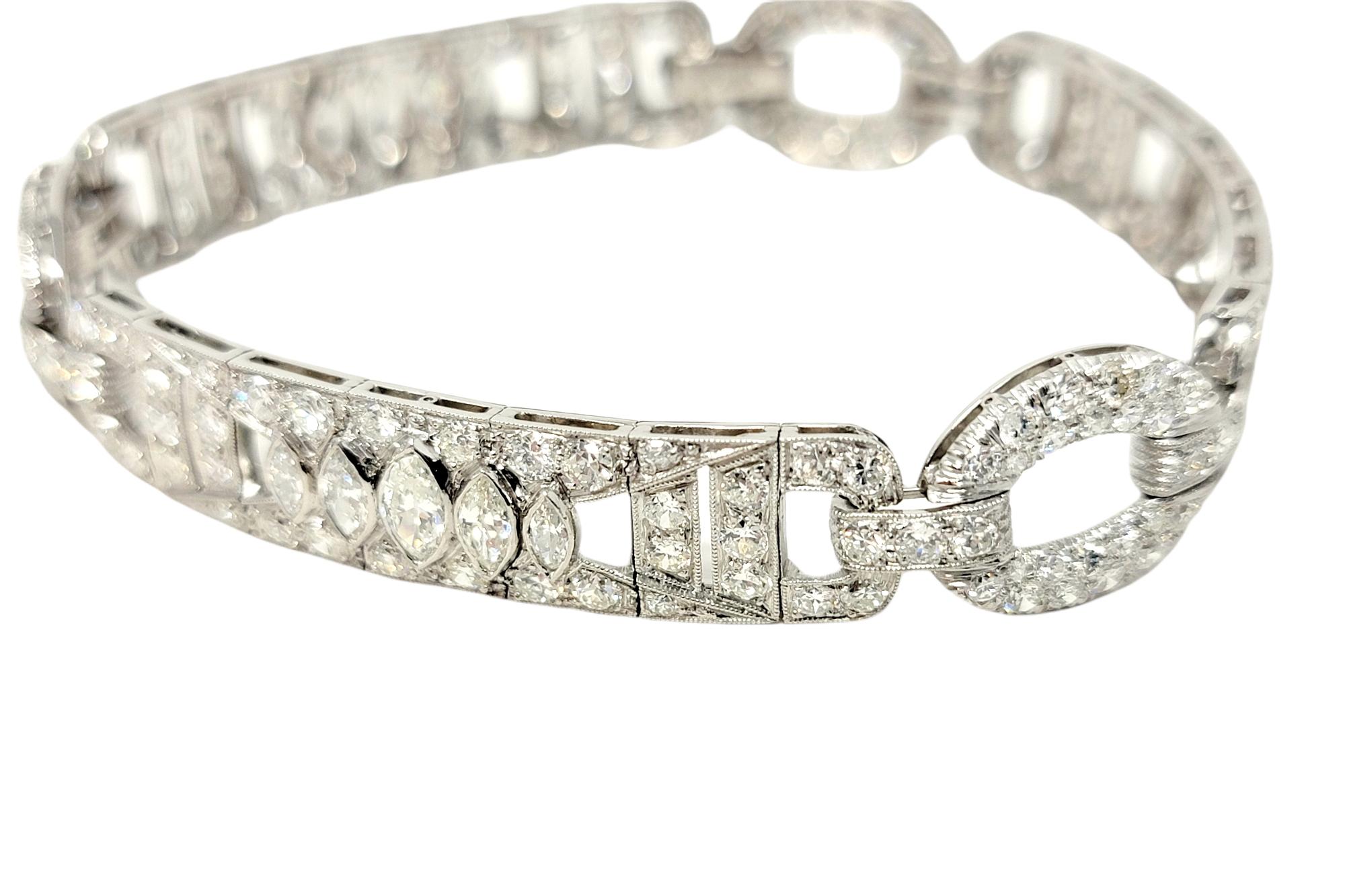 Round Cut 7.43 Carat Round and Marquis Natural Diamond Ornate Link Bracelet in Platinum For Sale