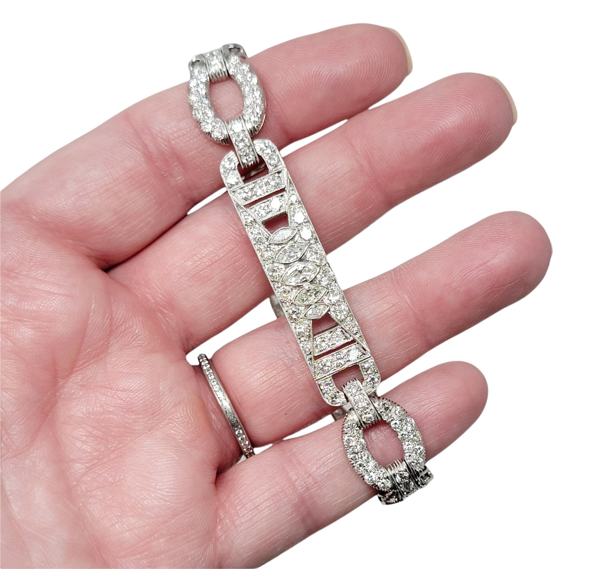 7.43 Carat Round and Marquis Natural Diamond Ornate Link Bracelet in Platinum For Sale 1