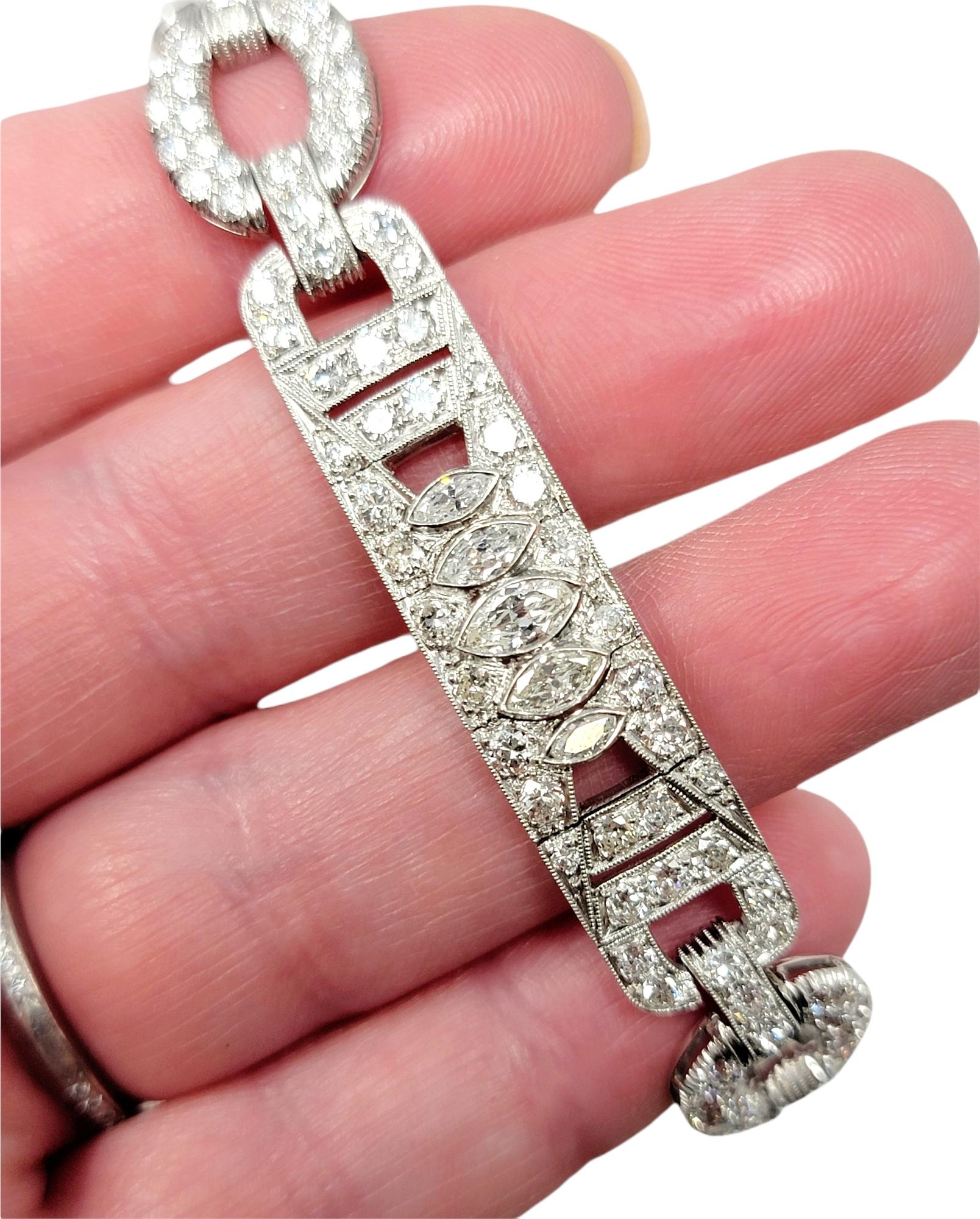 7.43 Carat Round and Marquis Natural Diamond Ornate Link Bracelet in Platinum For Sale 2