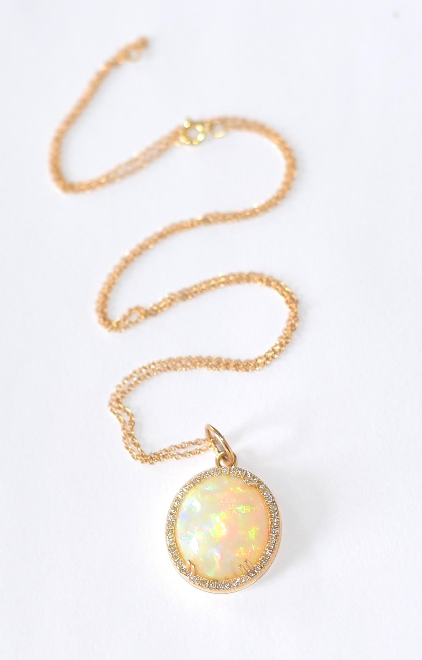 Modern 7.43CT Oval Shape Natural Opal 0.31CT Diamond Accent Necklace in 14K Solid Gold