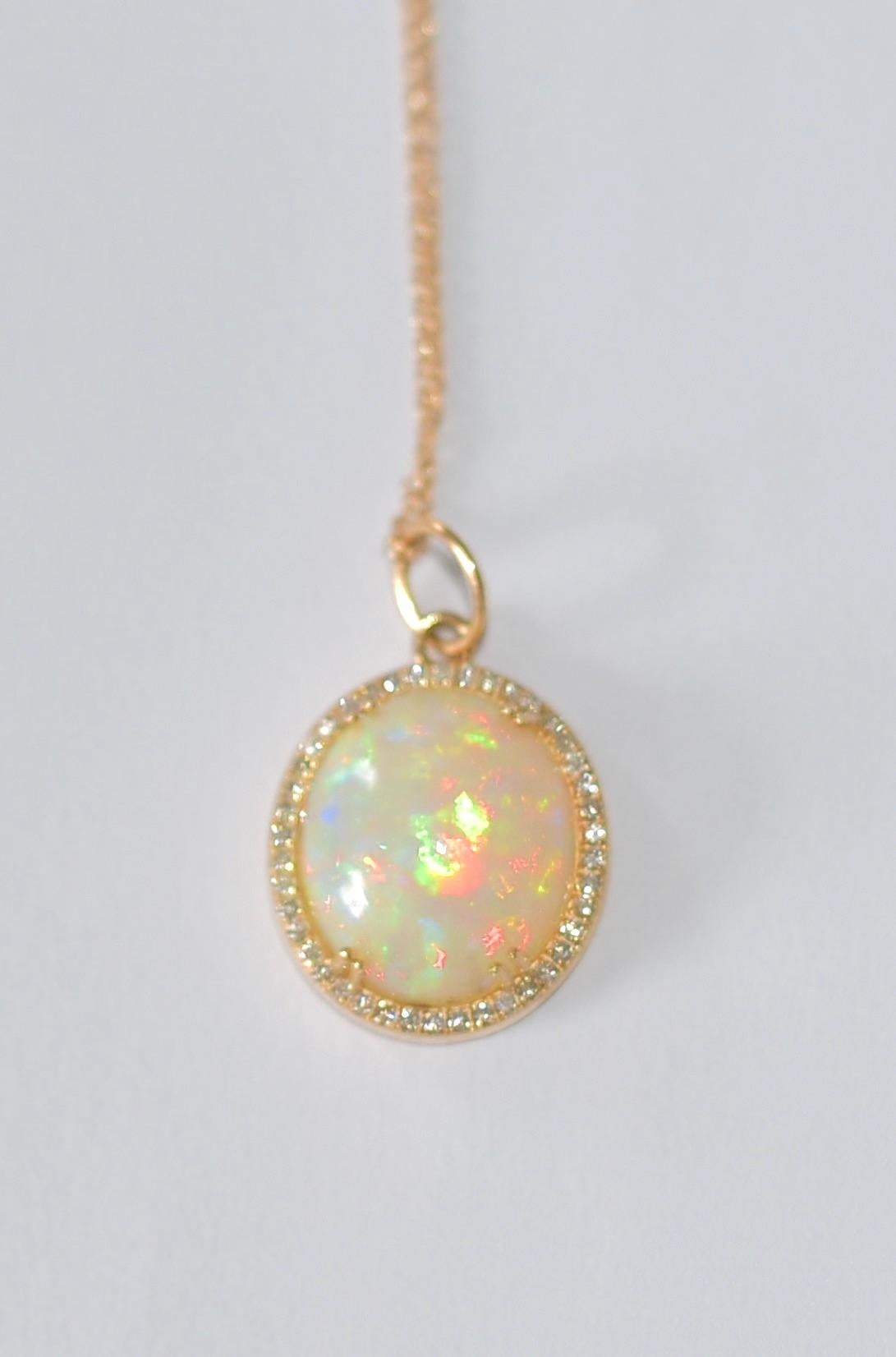 Oval Cut 7.43CT Oval Shape Natural Opal 0.31CT Diamond Accent Necklace in 14K Solid Gold
