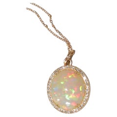 7.43CT Oval Shape Natural Opal 0.31CT Diamond Accent Necklace in 14K Solid Gold
