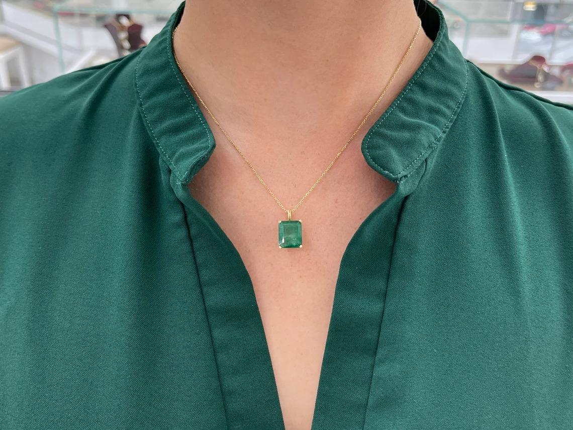 7.43cts 14K Natural Large Dark Green Emerald Cut Solitaire Floral Pendant In New Condition For Sale In Jupiter, FL