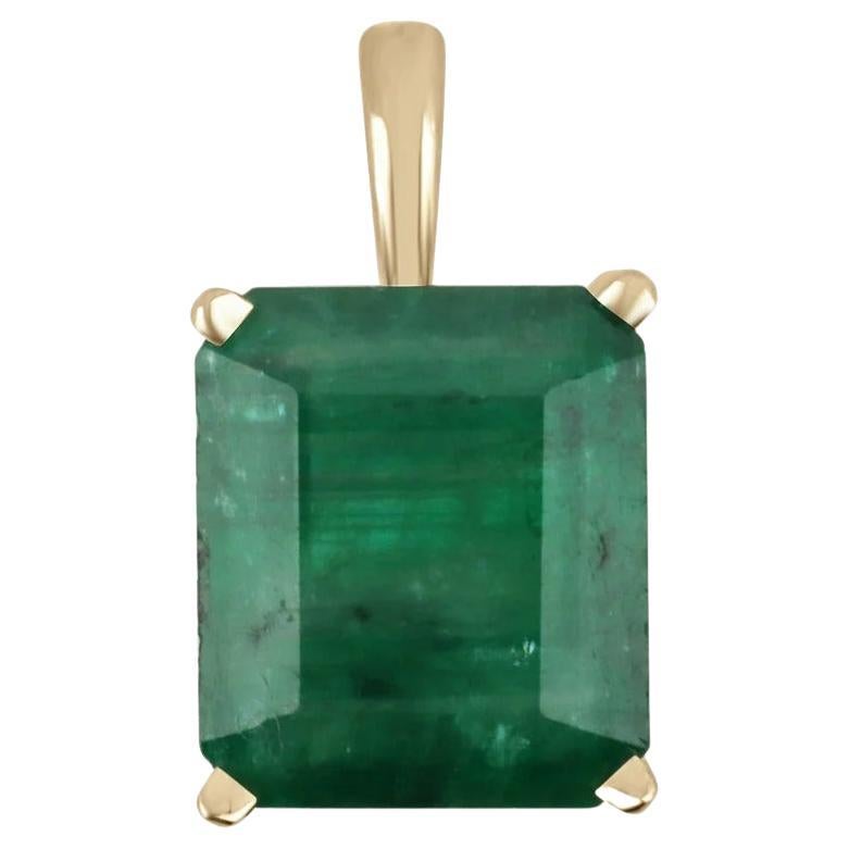 7.43cts 14K Natural Large Dark Green Emerald Cut Solitaire Floral Pendant For Sale