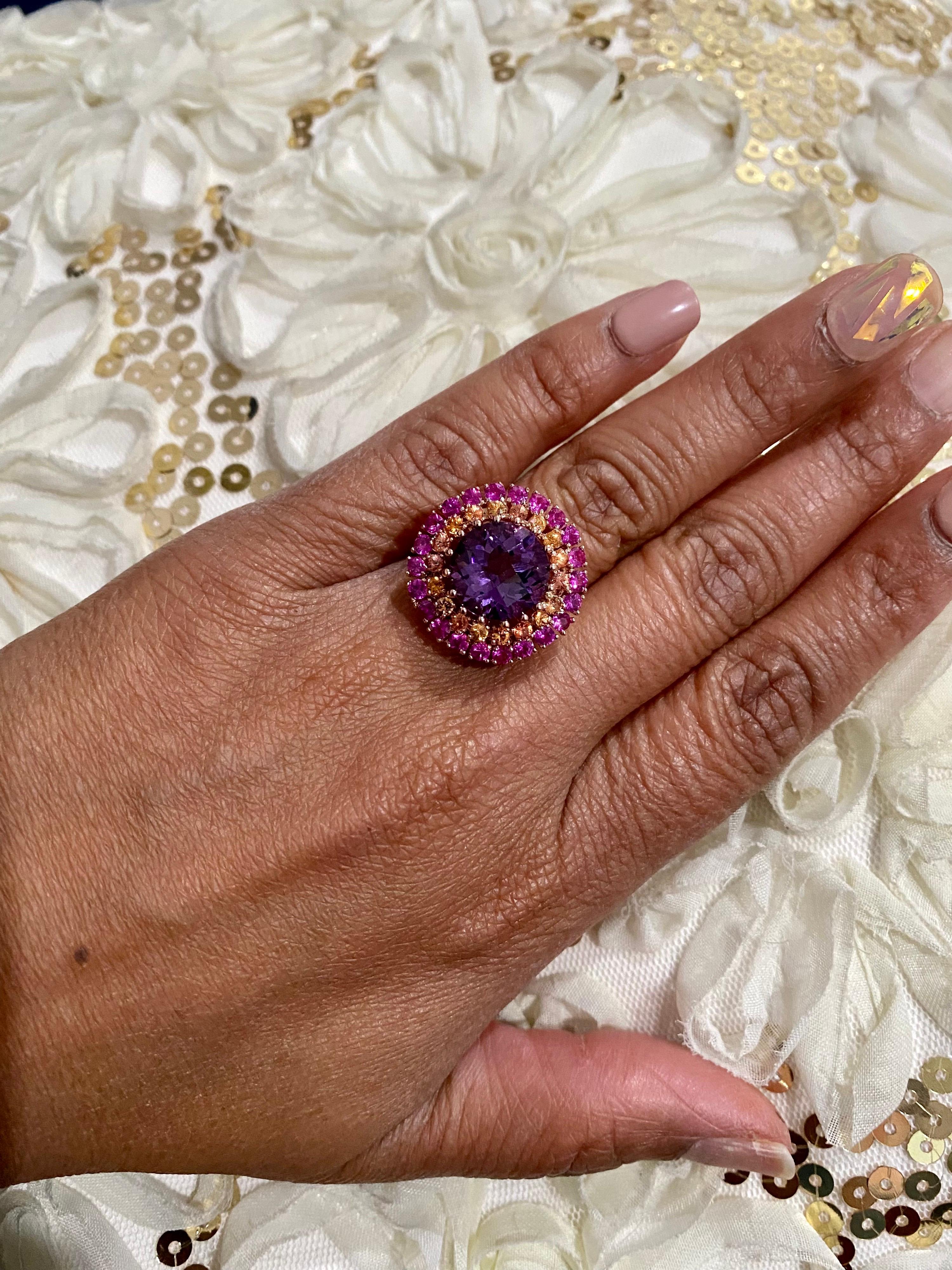 7.44 Carat Amethyst Sapphire 14K Rose Gold Cluster Ring In New Condition For Sale In Los Angeles, CA