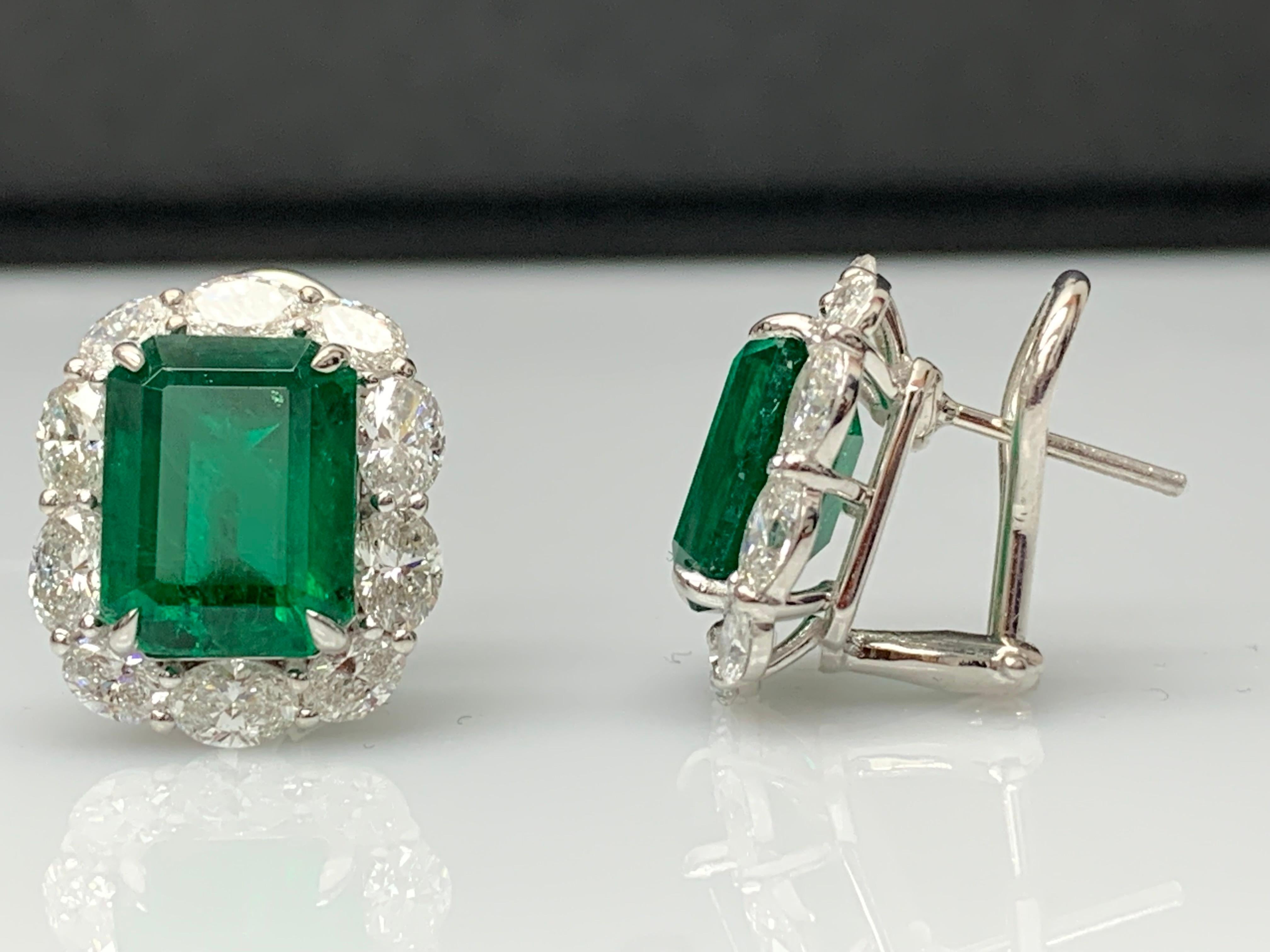 7.44 Carat Emerald Cut Emerald and Diamond Halo Earring in 18K White Gold For Sale 4