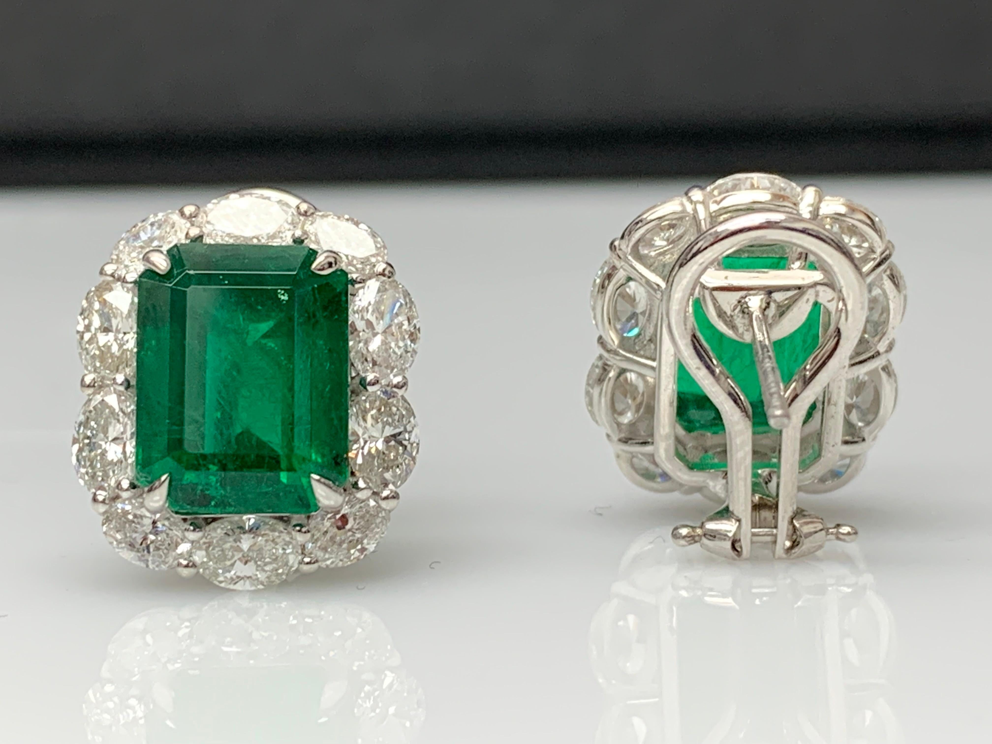 7.44 Carat Emerald Cut Emerald and Diamond Halo Earring in 18K White Gold For Sale 5