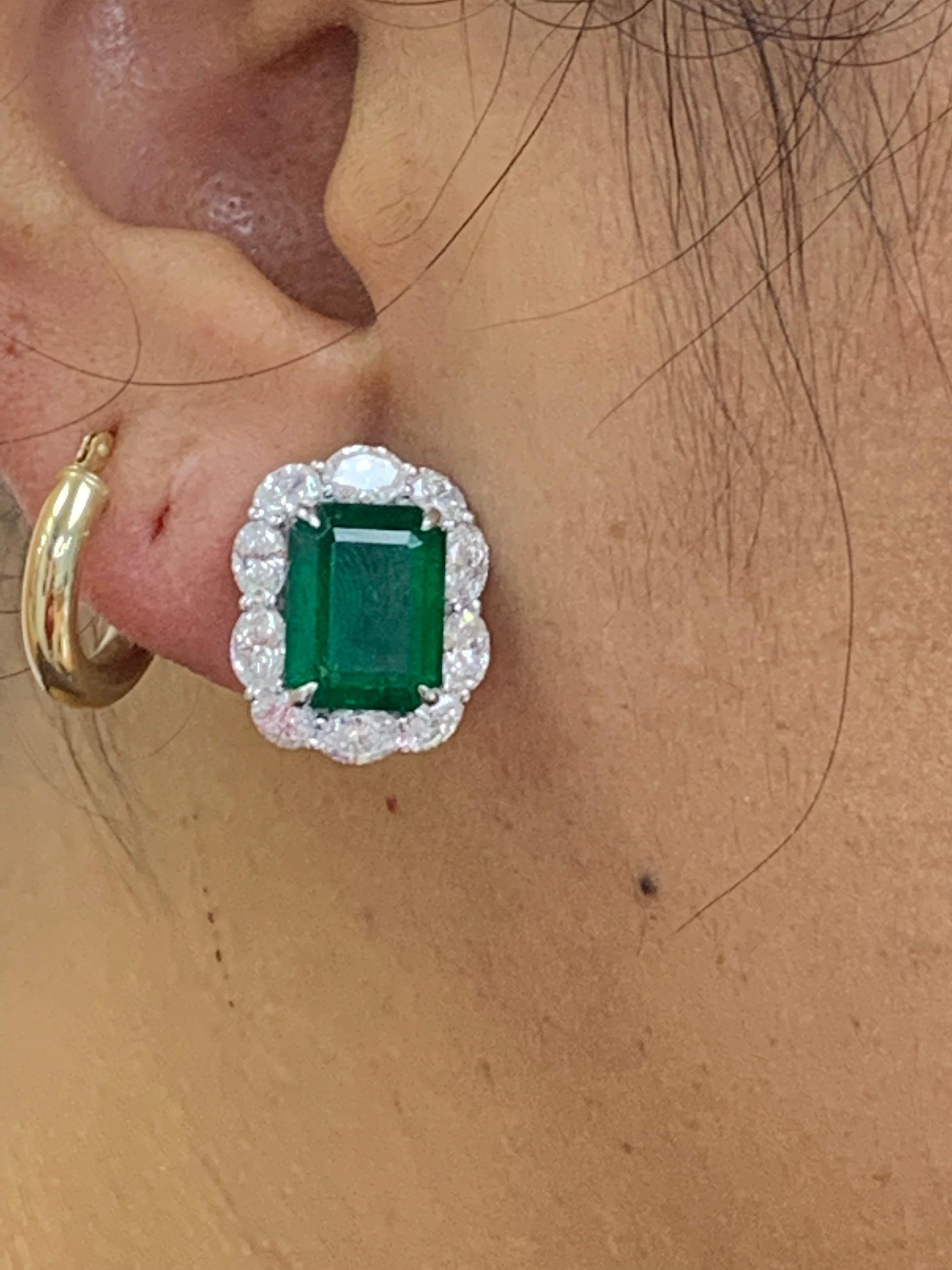 Modern 7.44 Carat Emerald Cut Emerald and Diamond Halo Earring in 18K White Gold For Sale