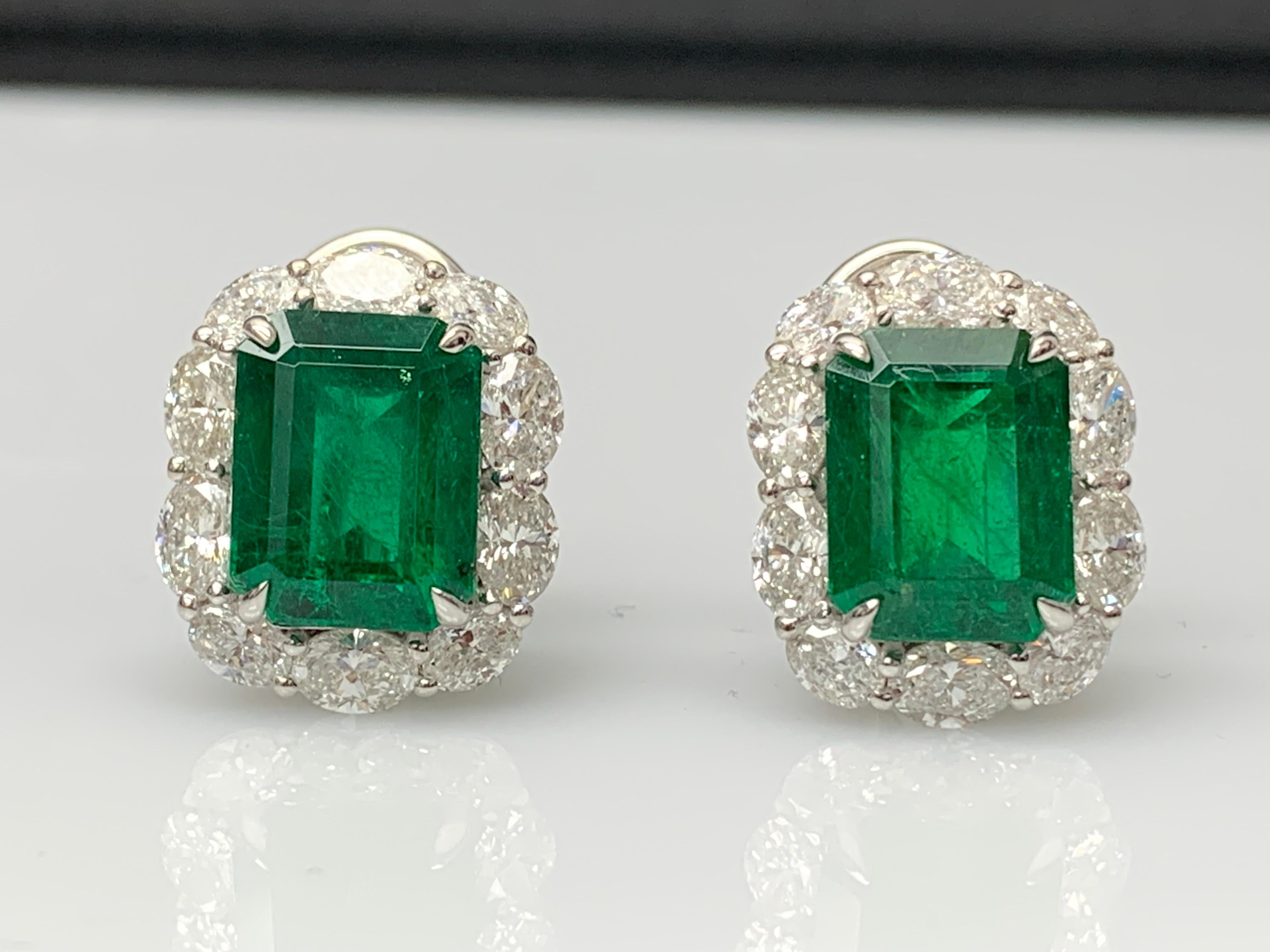7.44 Carat Emerald Cut Emerald and Diamond Halo Earring in 18K White Gold For Sale 2