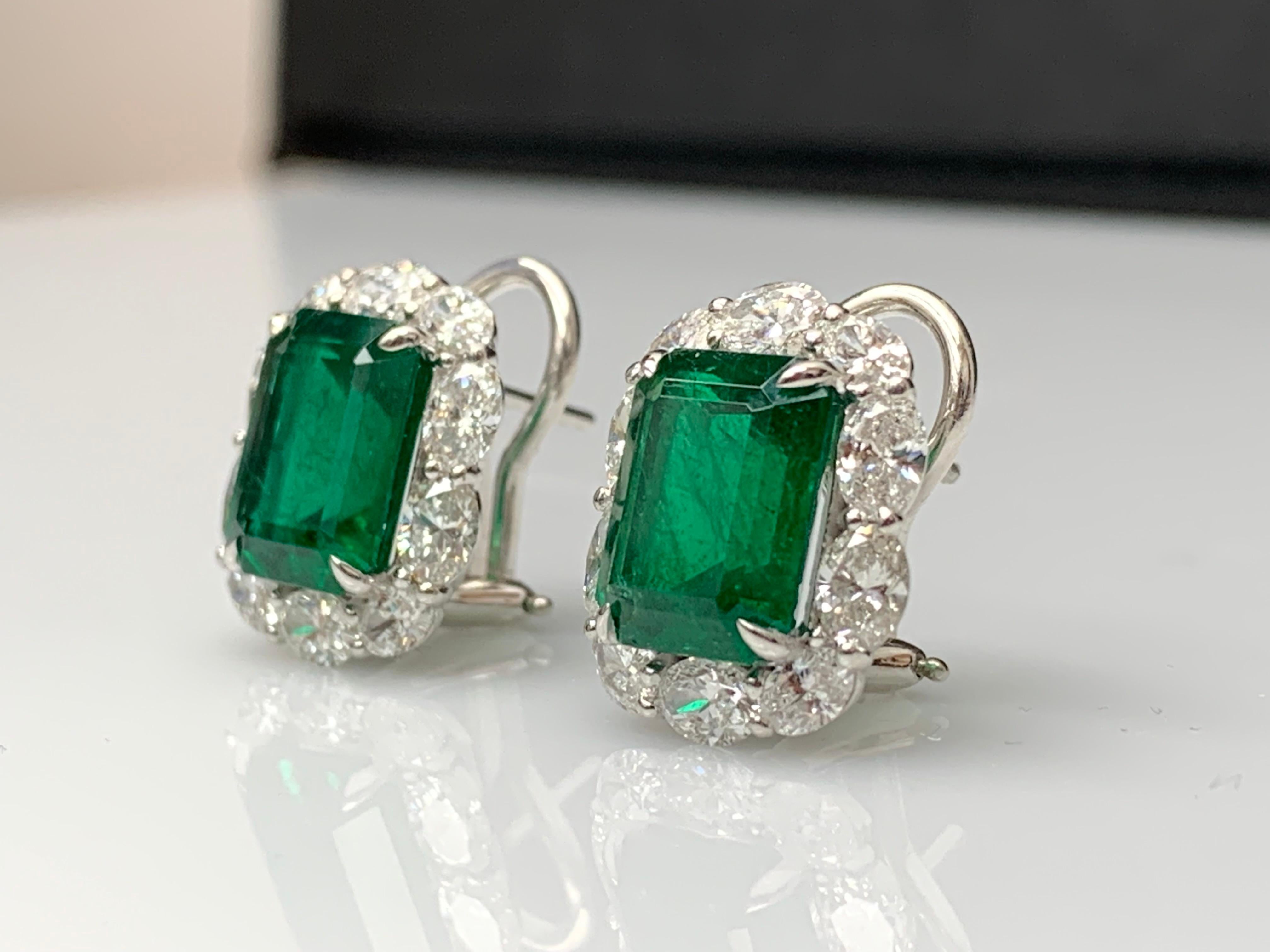 7.44 Carat Emerald Cut Emerald and Diamond Halo Earring in 18K White Gold For Sale 3