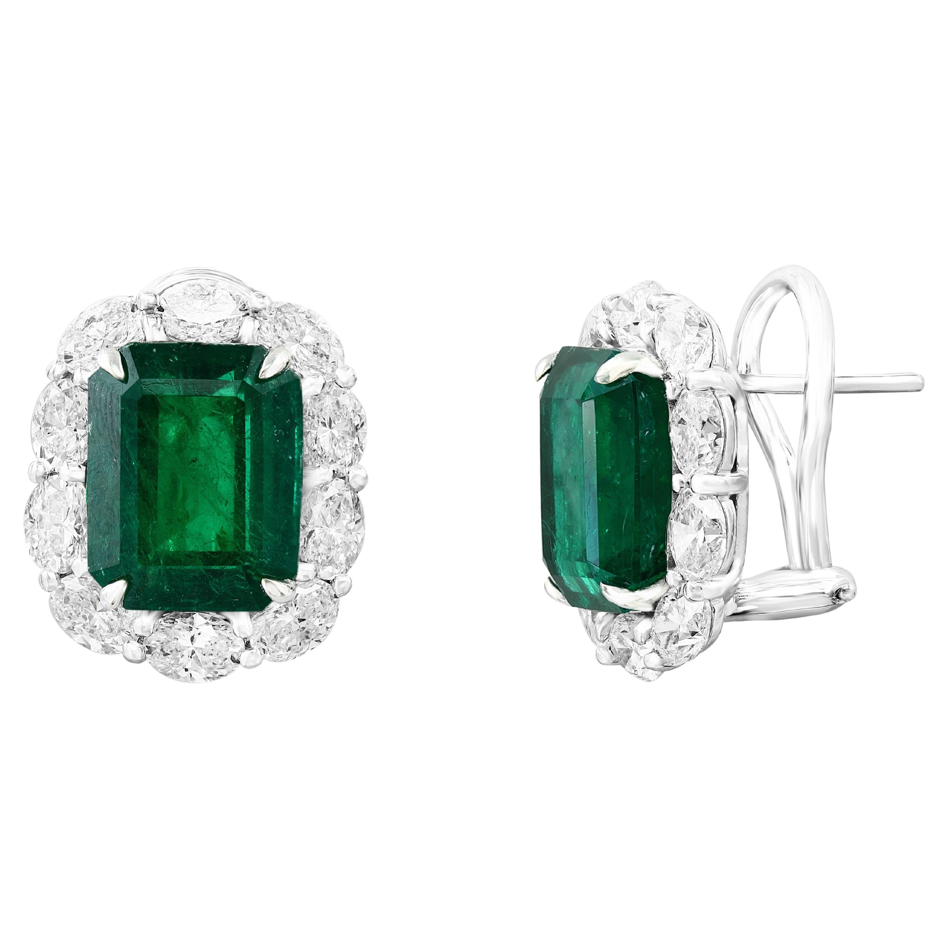 7.44 Carat Emerald Cut Emerald and Diamond Halo Earring in 18K White Gold For Sale