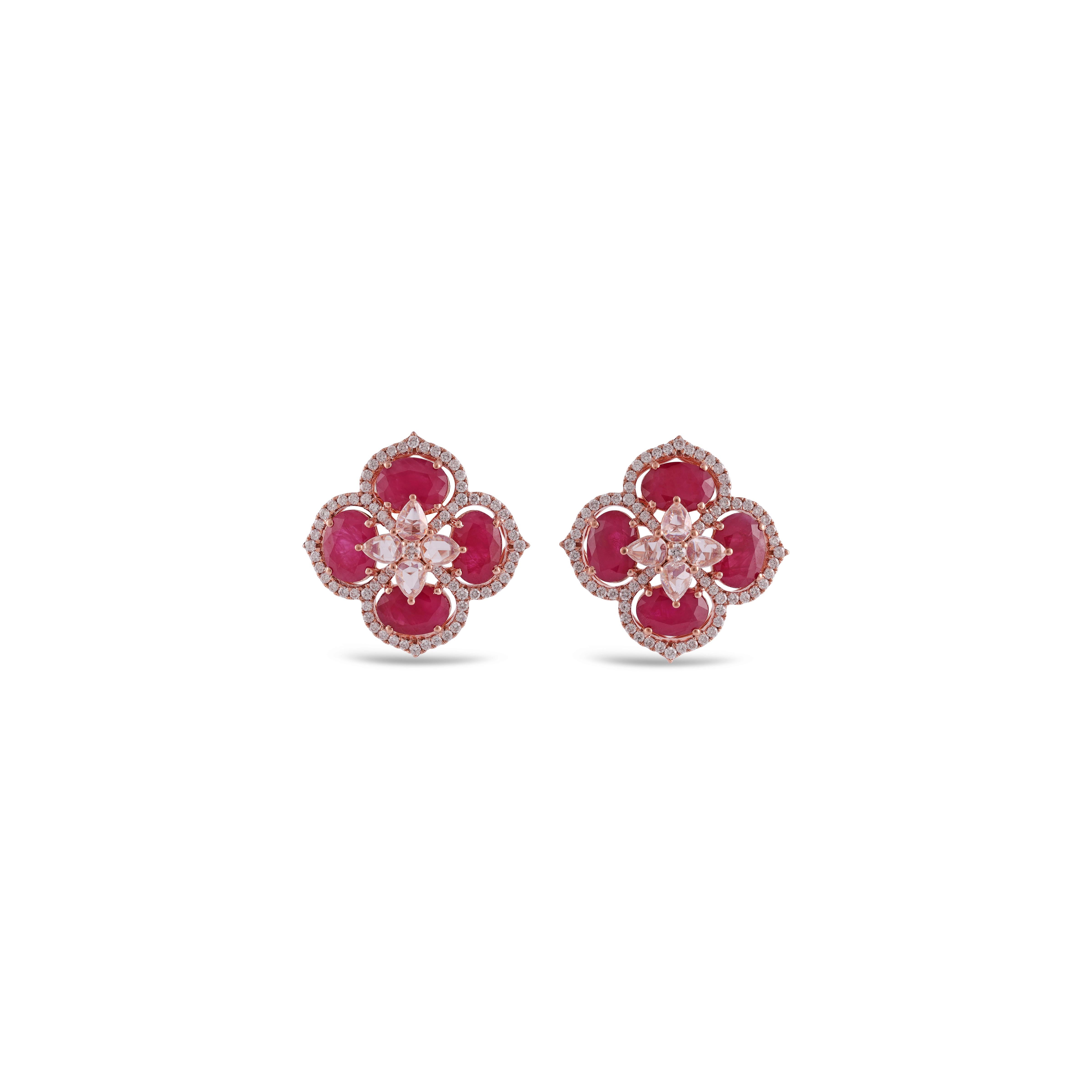 Rose Cut 7.44 Carat Ruby Earrings in Rose Gold with Diamonds For Sale