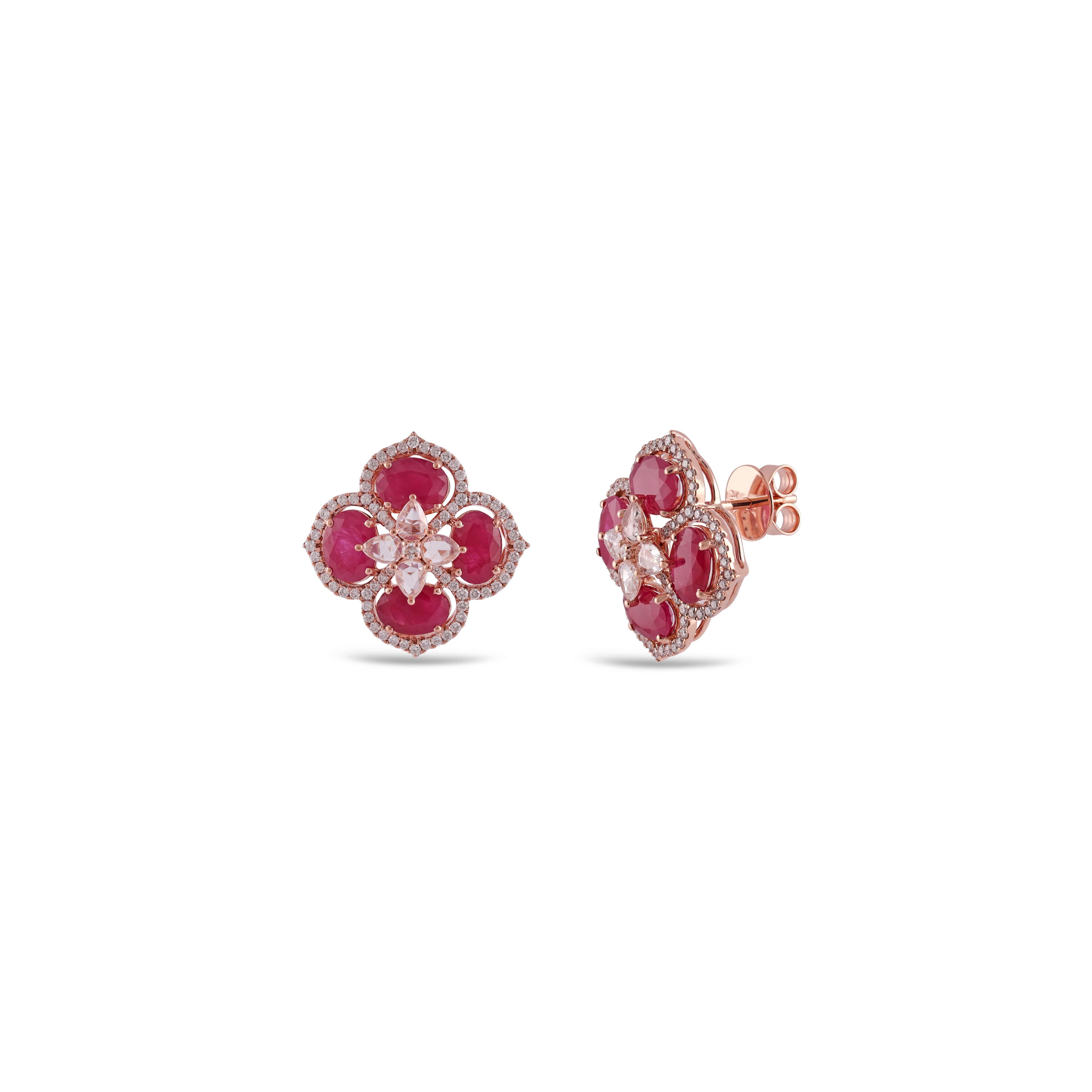 7.44 Carat Ruby Earrings in Rose Gold with Diamonds In New Condition For Sale In Jaipur, Rajasthan