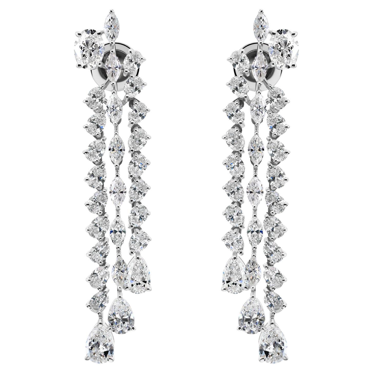 7,44 Carati SI/H Diamante Tripla Linea Orecchini a Penzoloni Oro Bianco 18 Carati