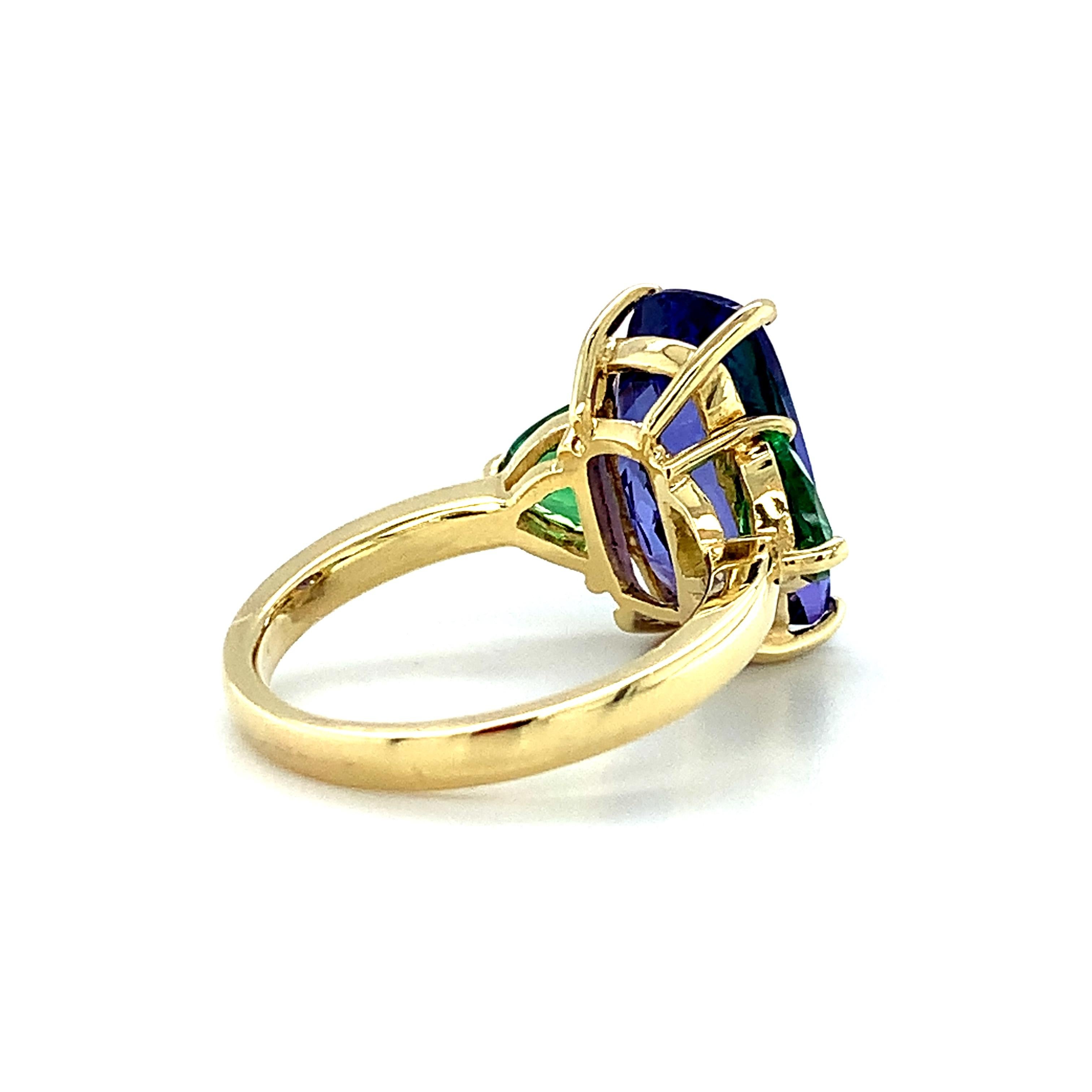 Cushion Cut Tanzanite and Tsavorite Garnet Three-Stone Yellow Gold Ring, 7.44 Carats