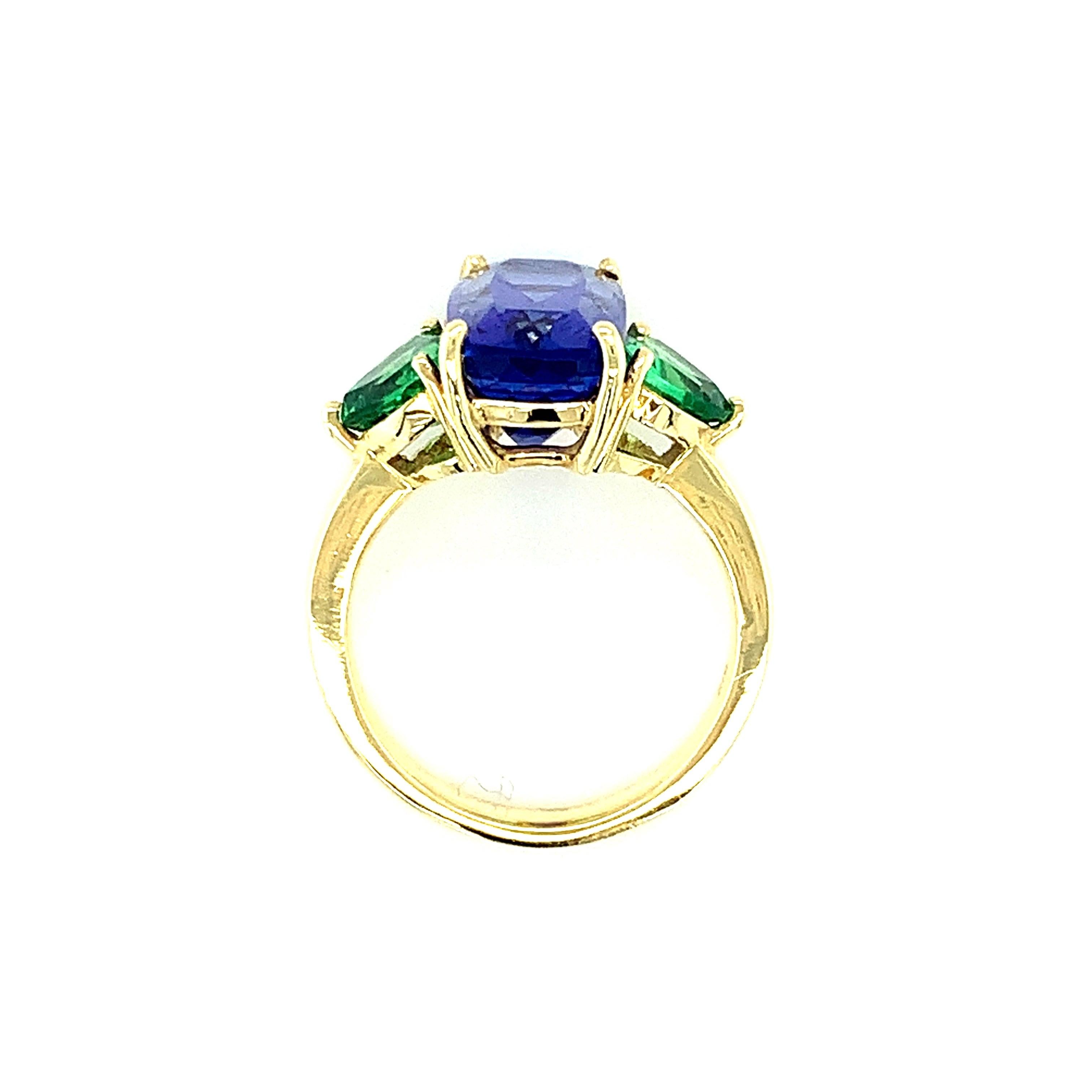 Women's Tanzanite and Tsavorite Garnet Three-Stone Yellow Gold Ring, 7.44 Carats