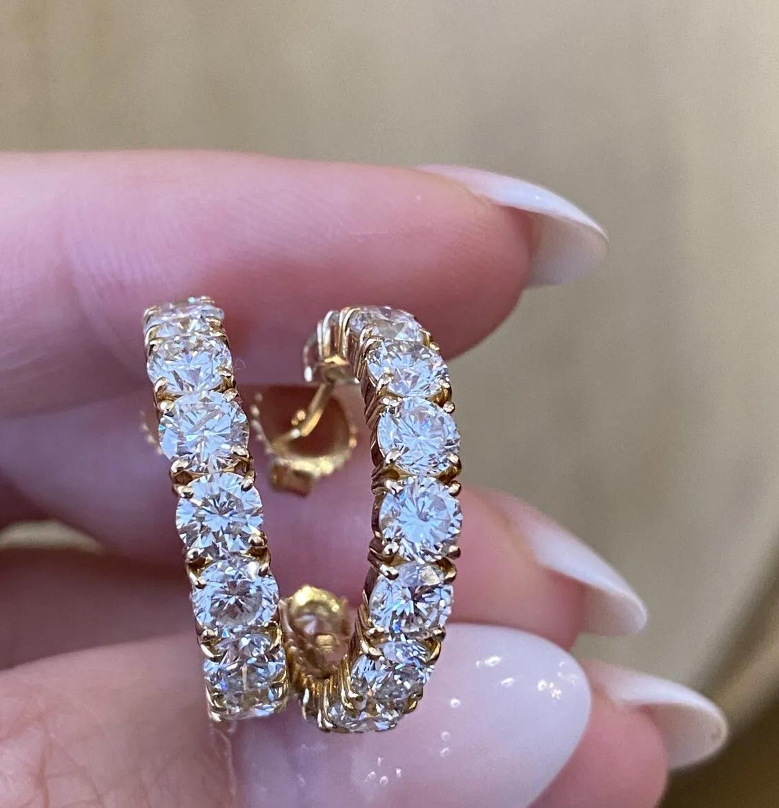 7.44 Carats Total Single Row Diamond Round Hoop Earrings in 18k Yellow Gold In Excellent Condition For Sale In La Jolla, CA