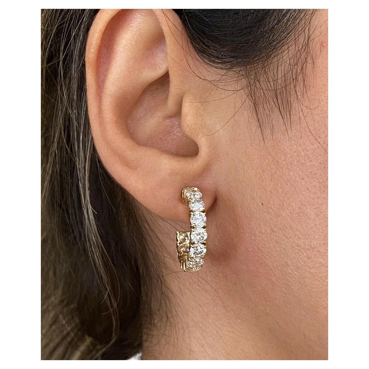7.44 Carats Total Single Row Diamond Round Hoop Earrings in 18k Yellow Gold For Sale