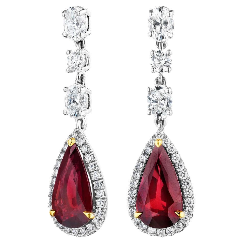 7.44ct Natural Mozambique Certified Pear Shape Ruby & Diamond Earrings in 18KT For Sale