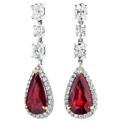 7.44ct Natural Mozambique Certified Pear Shape Ruby & Diamond Earrings in 18KT