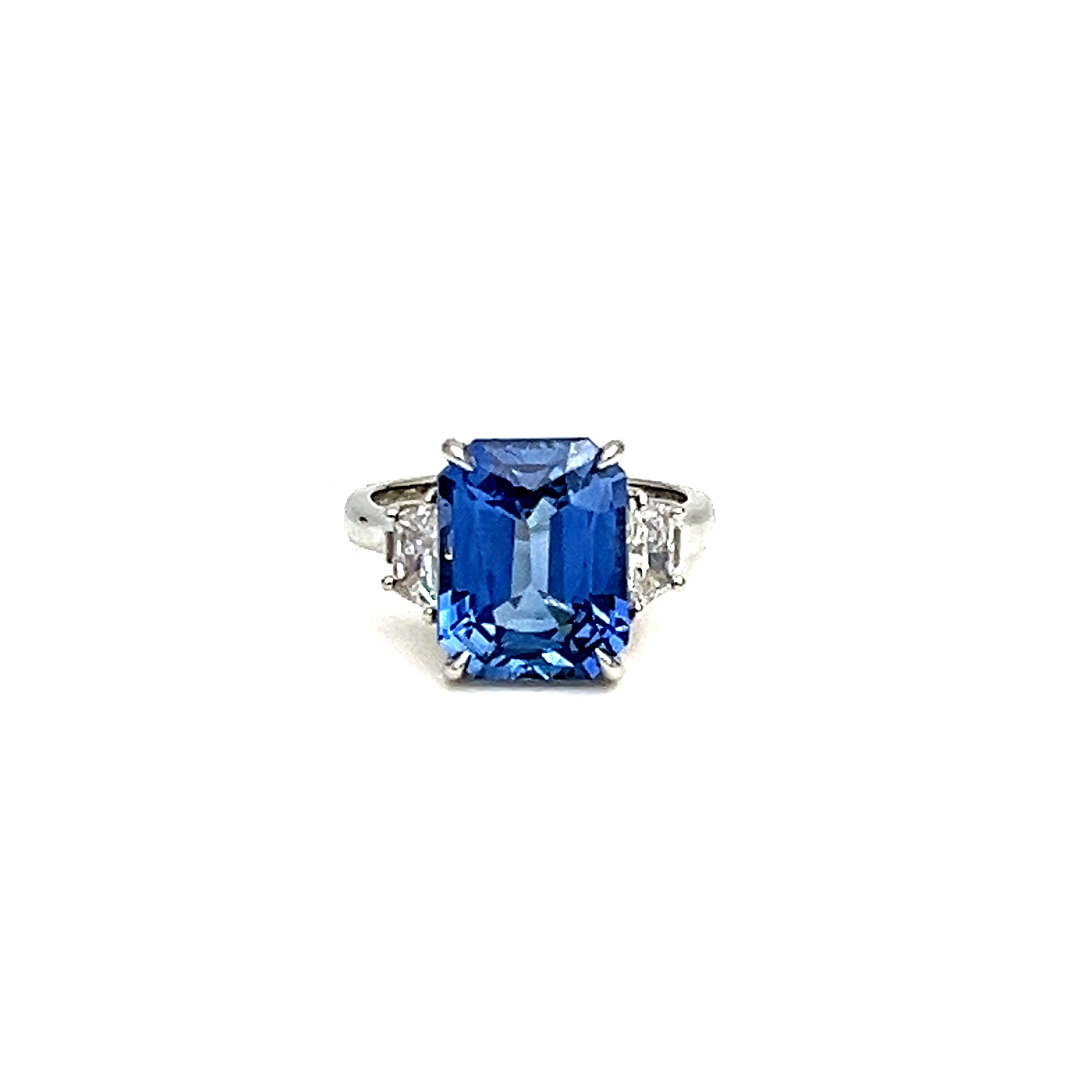7.45 Carat Ceylon Emerald Cut Sapphire & Diamond Ring In New Condition For Sale In Chicago, IL