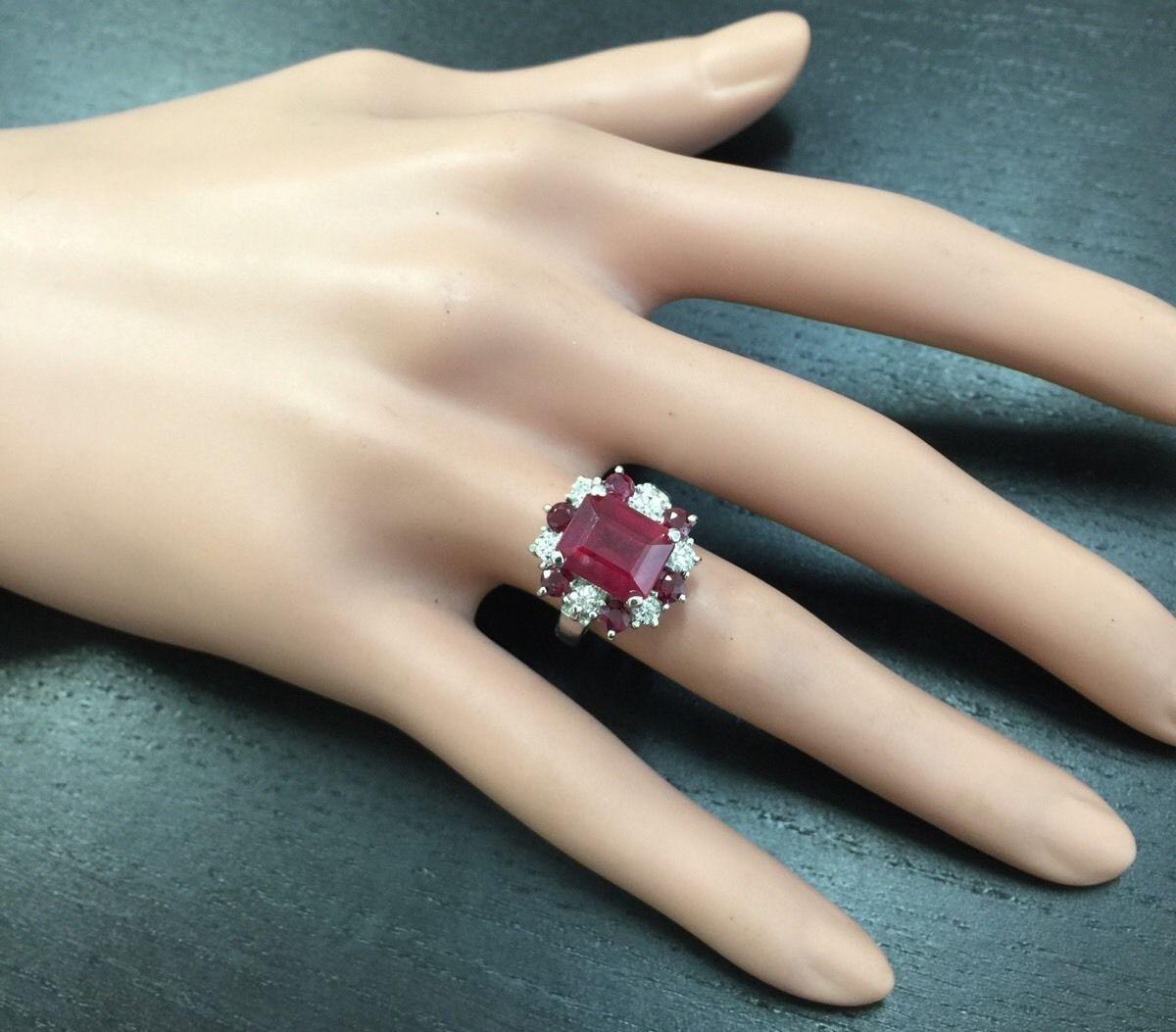 Mixed Cut 7.45 Carat Impressive Natural Red Ruby and Diamond 14 Karat White Gold Ring For Sale