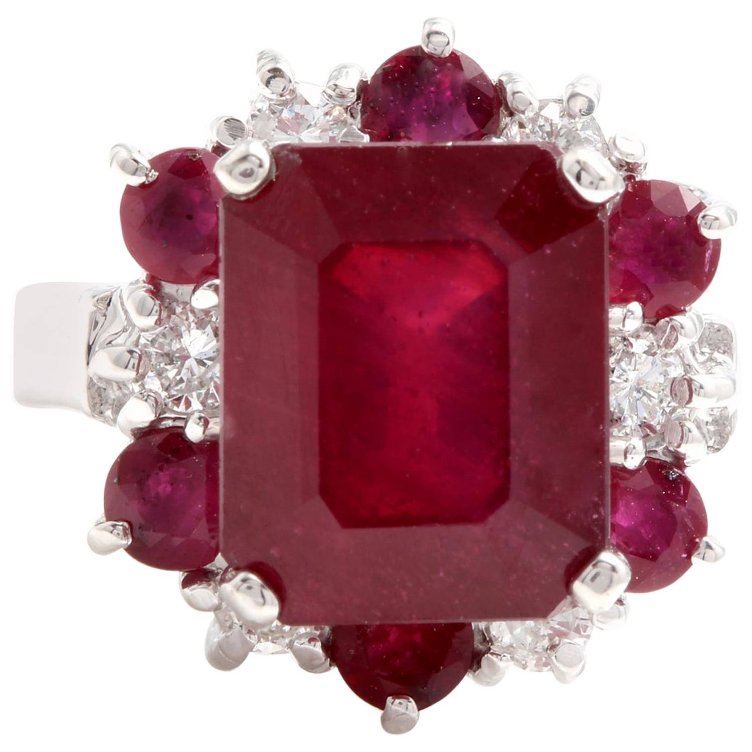 7.45 Carat Impressive Natural Red Ruby and Diamond 14 Karat White Gold Ring For Sale